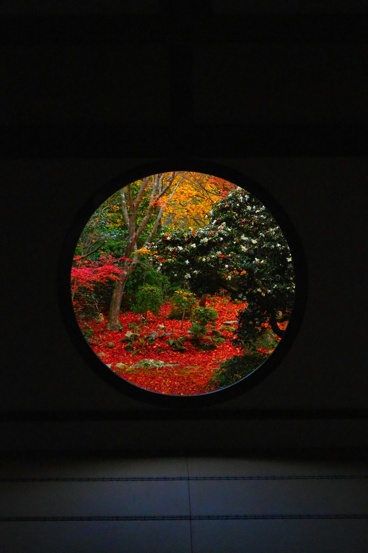 Vista di un giardino autunnale colorato attraverso una finestra circolare