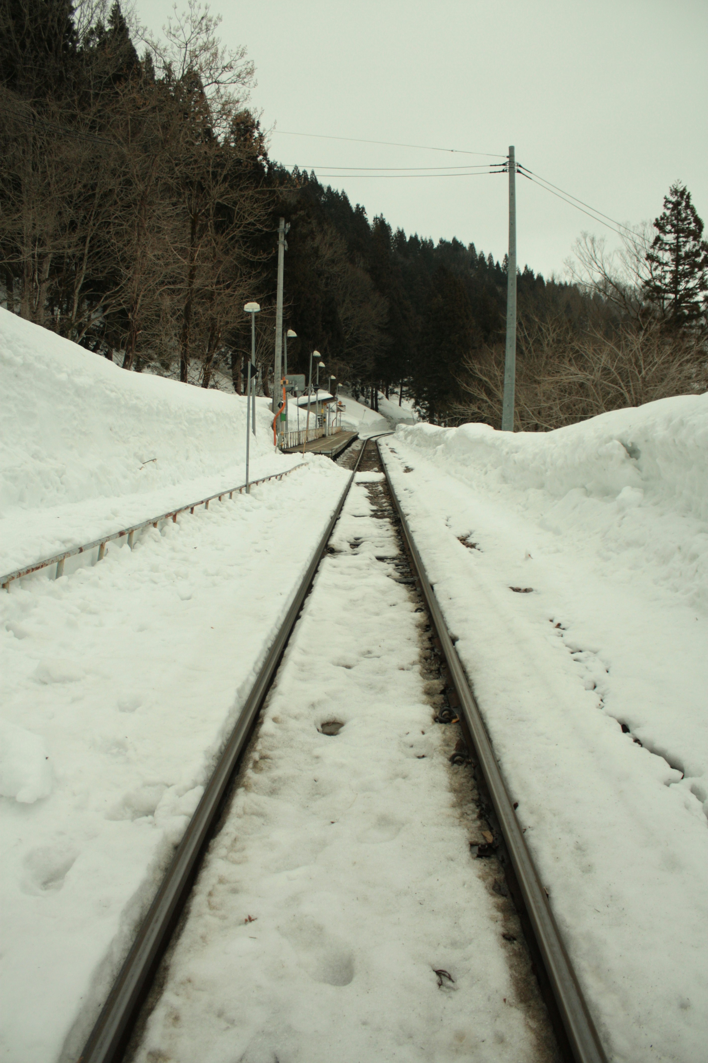 雪の線路が続く山間の道