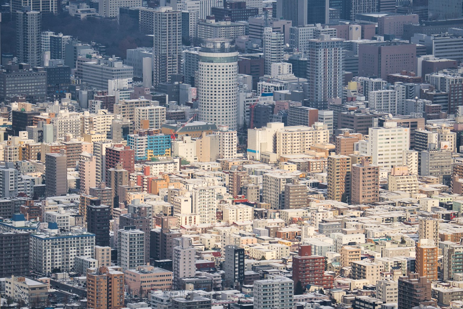 详细的城市天际线鸟瞰图，带有高层建筑