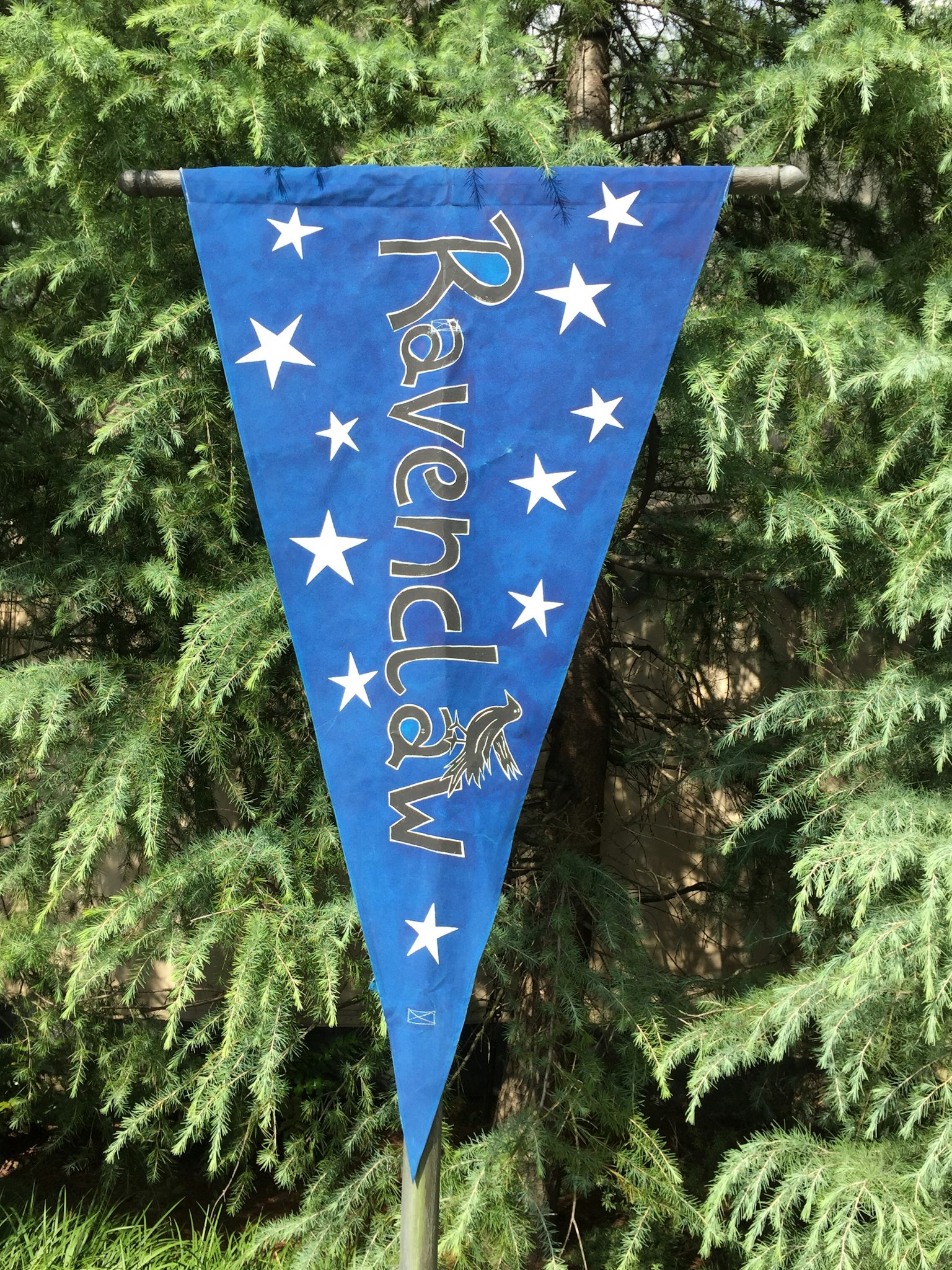 Banderina triangolare blu con stelle bianche e il nome 'Ravenclaw'