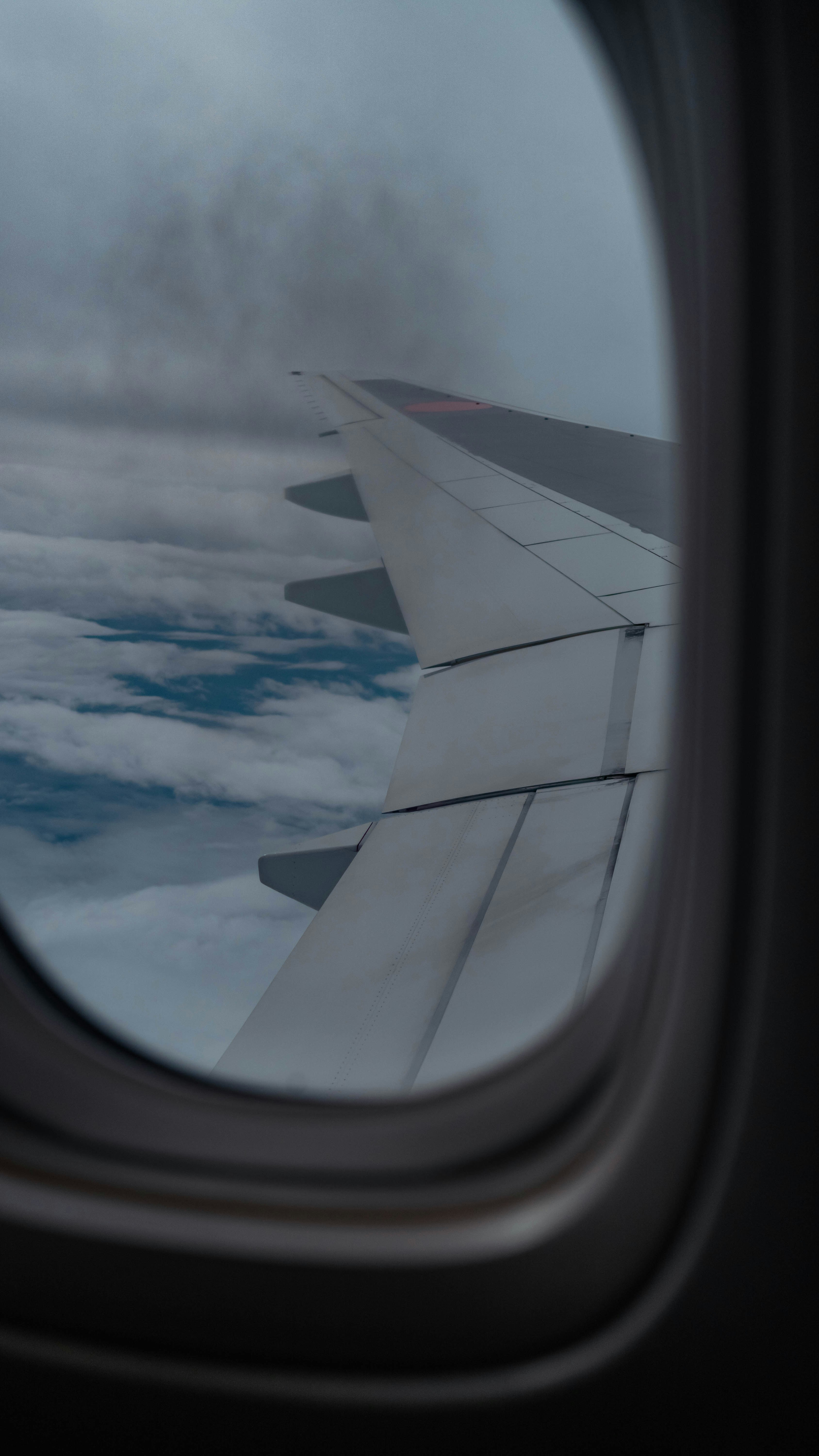 窓から見える飛行機の翼と雲の上の空