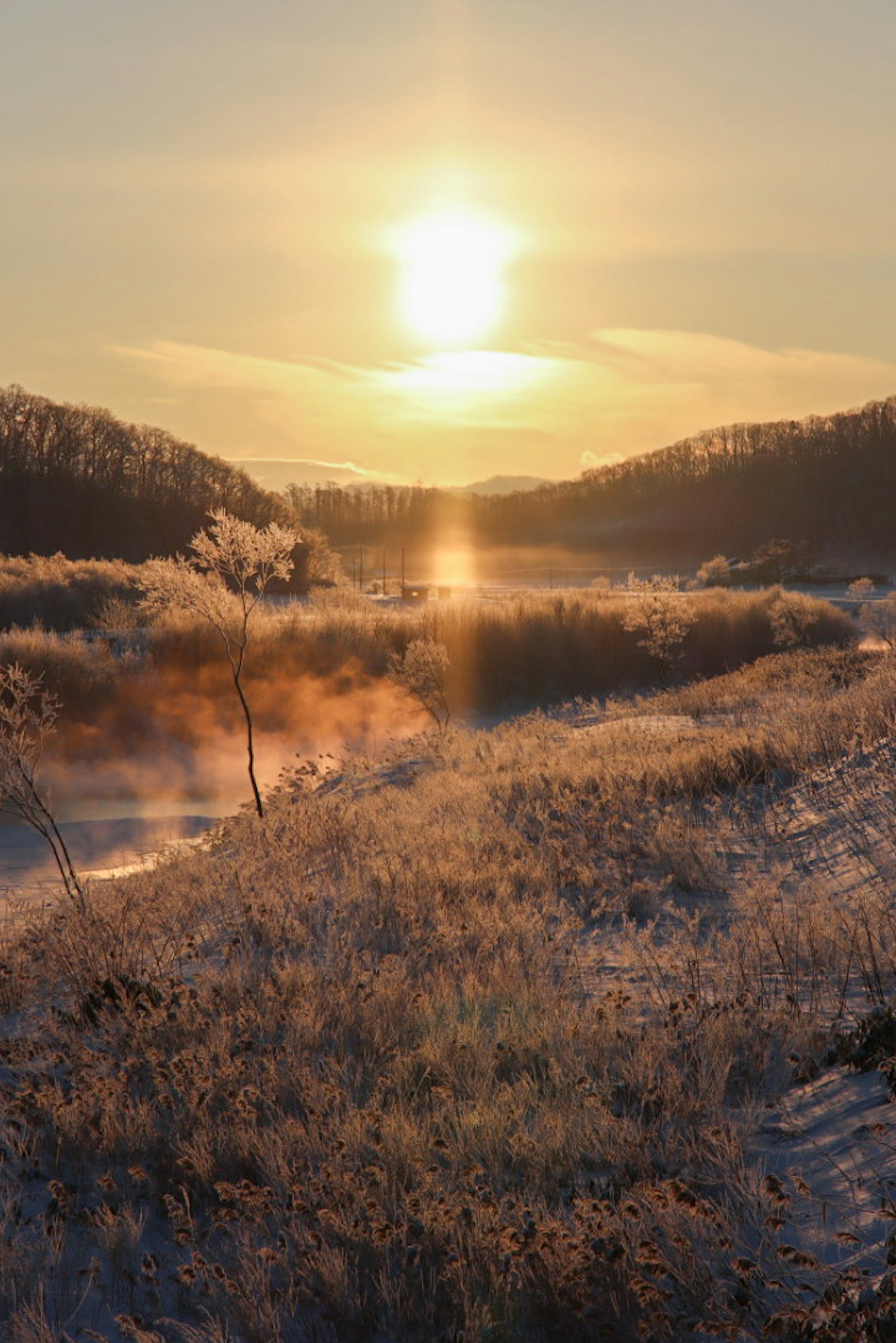 Bellissimo paesaggio invernale all'alba con erba ghiacciata e fiume illuminato da luce calda