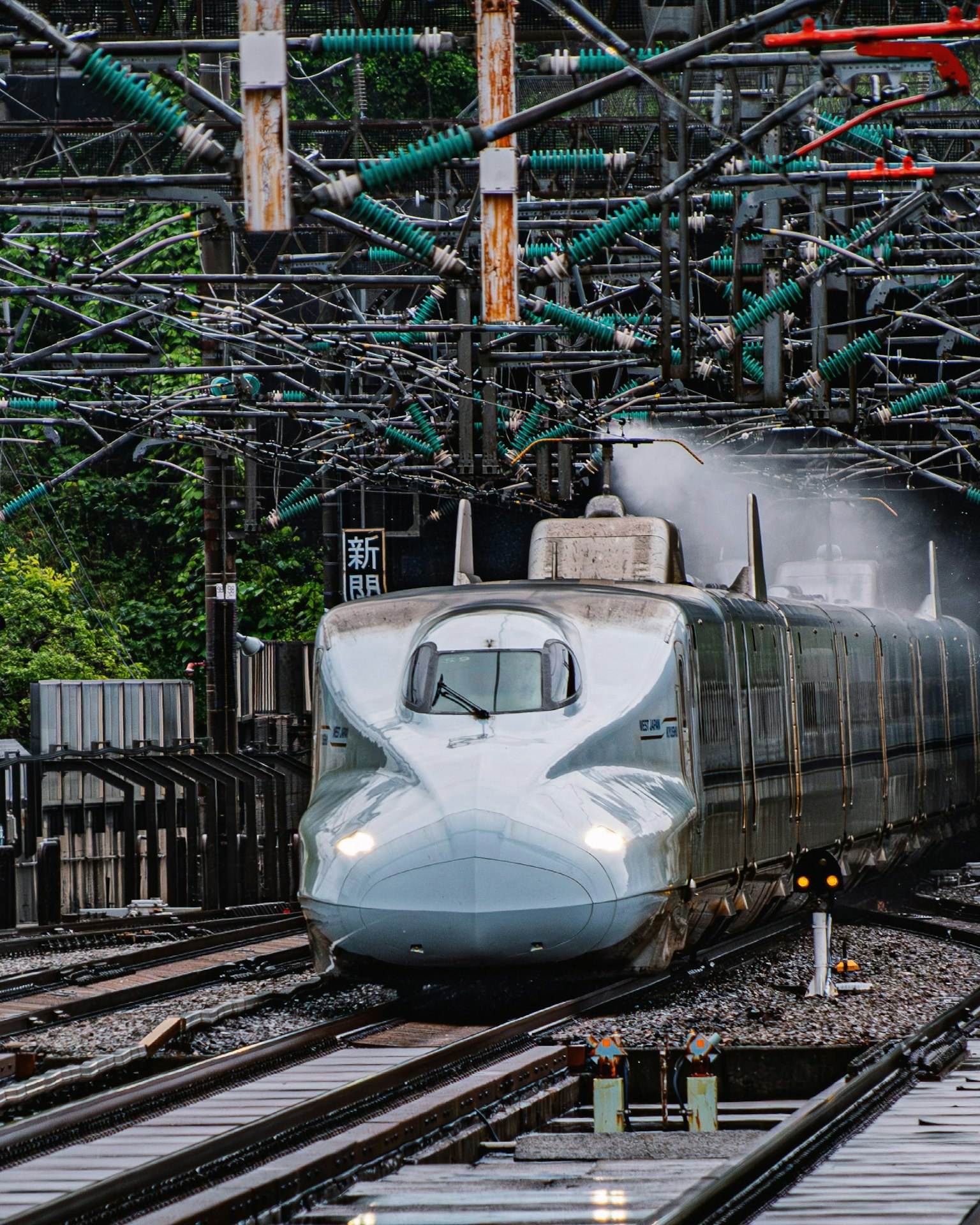 Treno Shinkansen in transito sui binari con sfondo verde e strutture ferroviarie sopraelevate