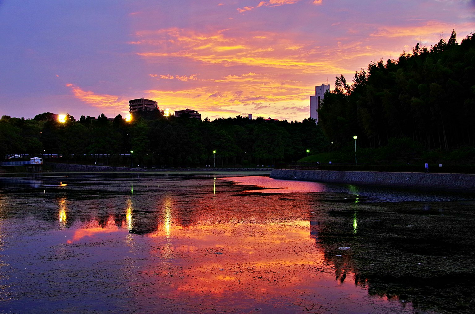 Lago tranquilo reflejando un vibrante atardecer con el horizonte de la ciudad