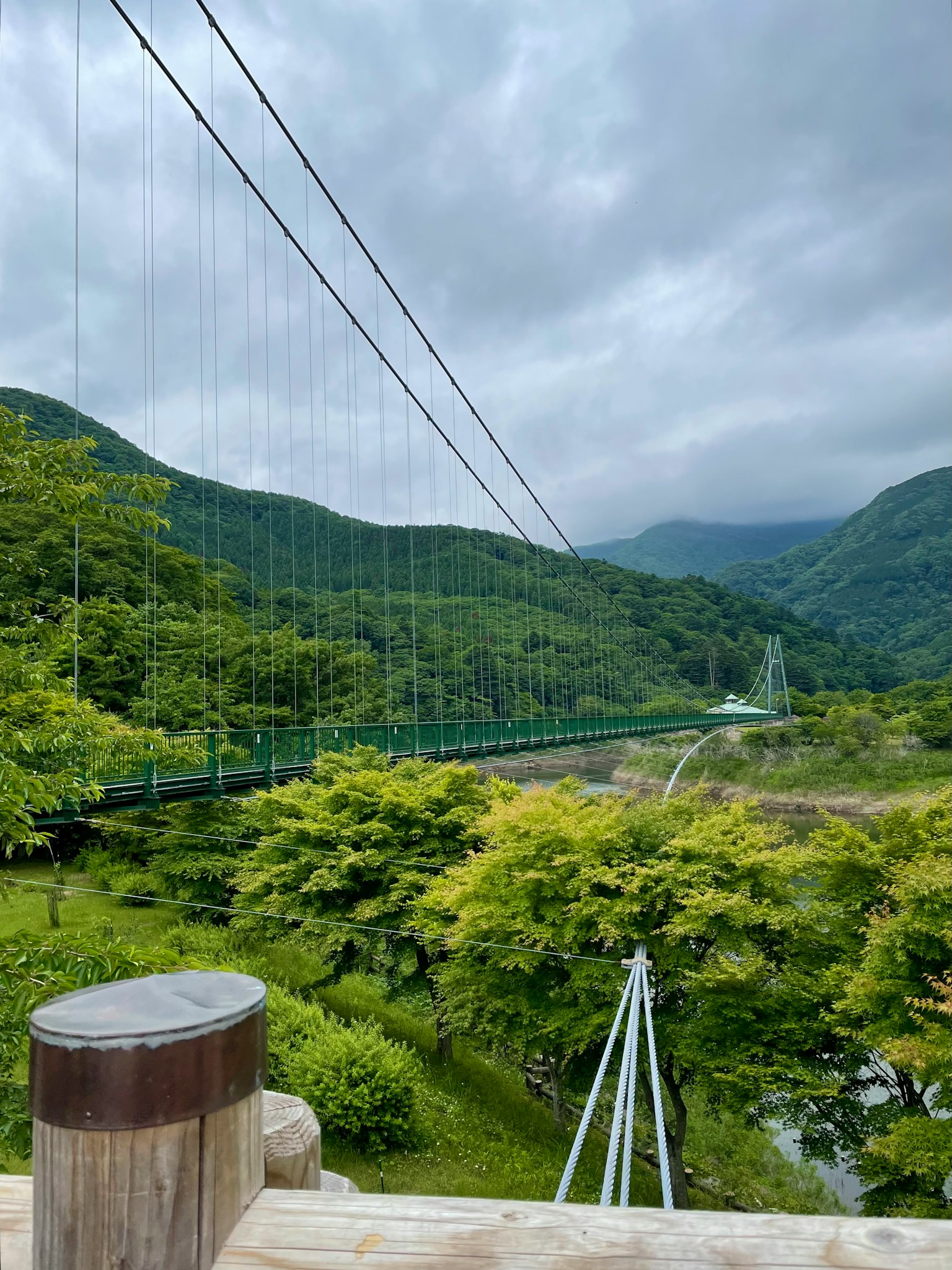 Vista panoramica di un ponte sospeso circondato da montagne verdi