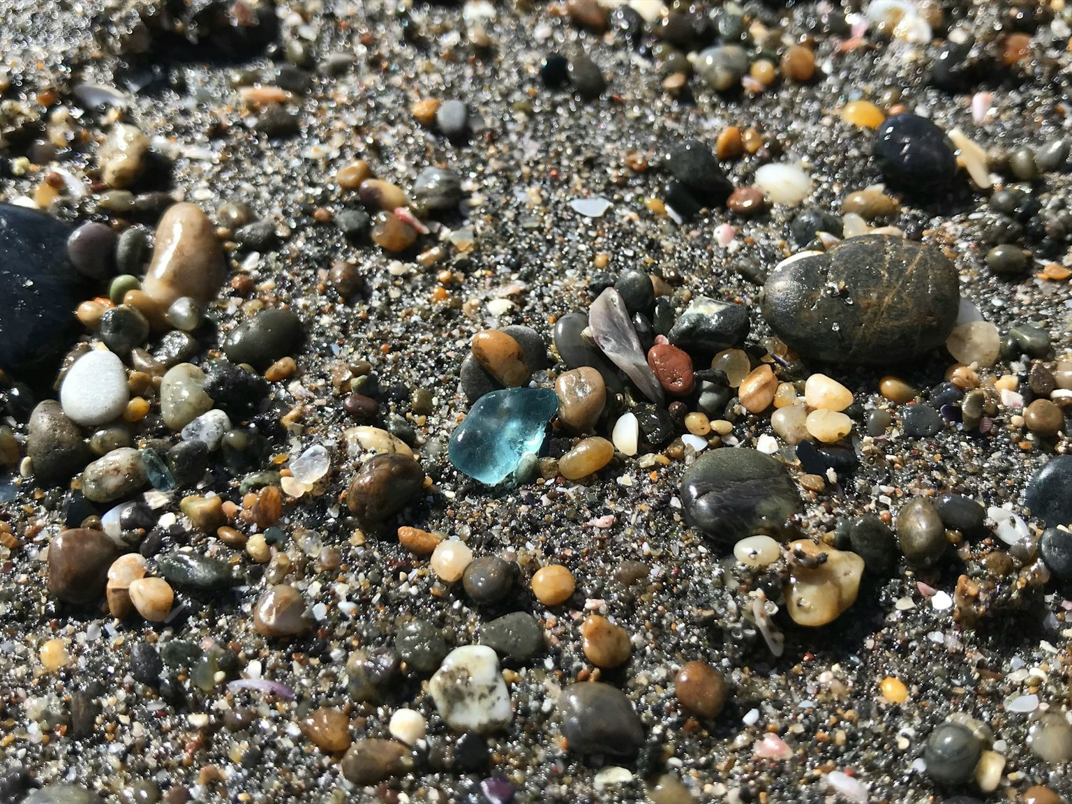 Verschiedene kleine Steine und Kiesel im Sandstrand eingebettet