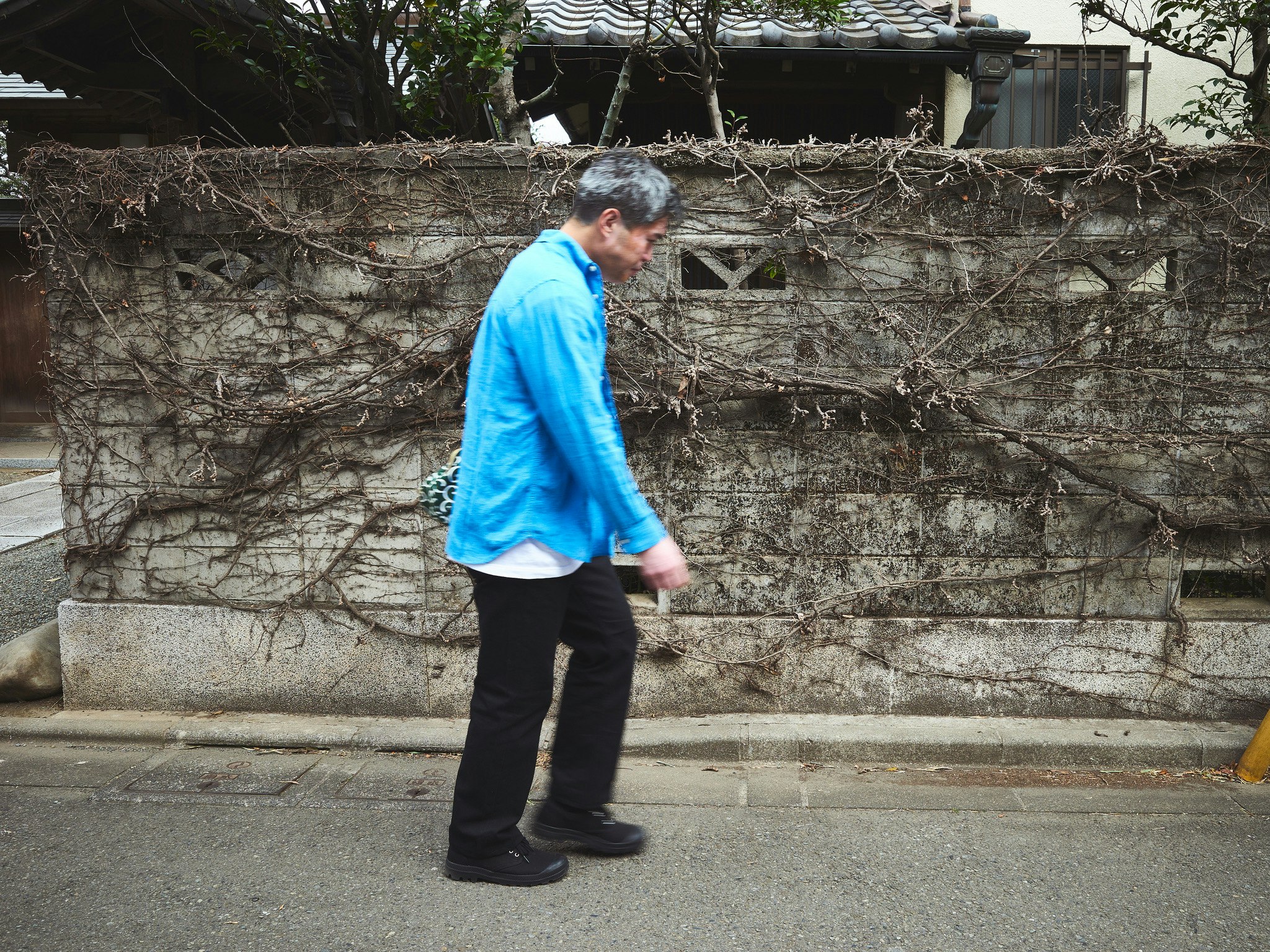 石垣の壁の前を歩く人