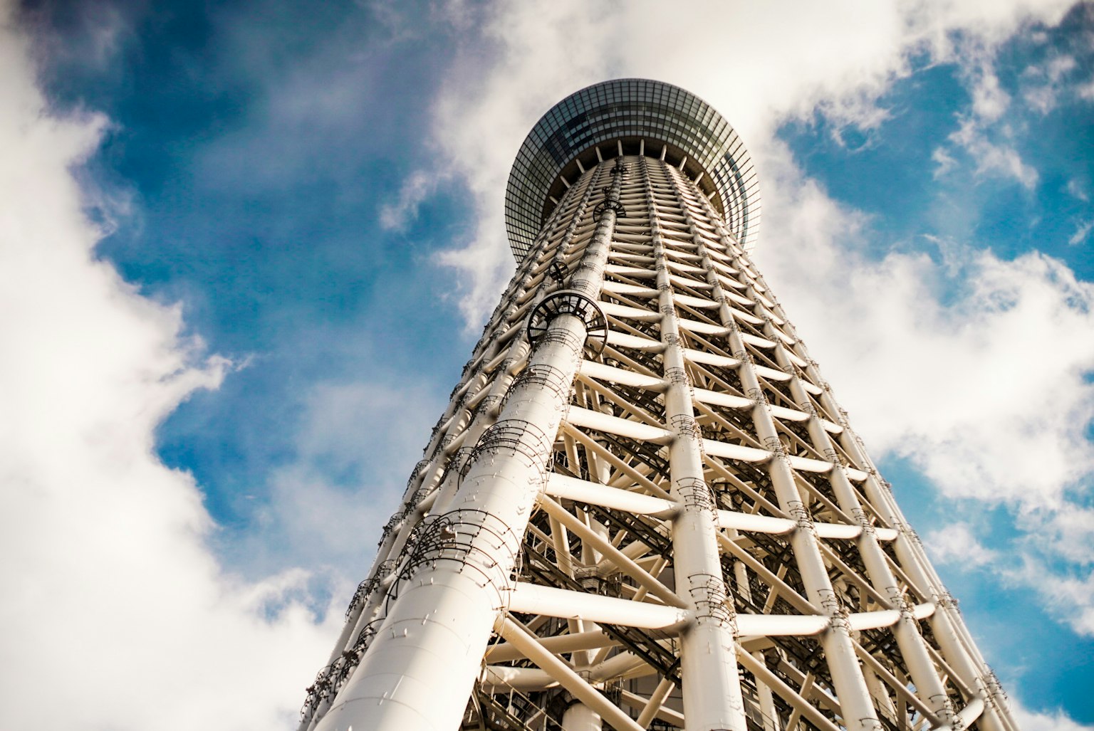 View of Tokyo Skytree from below with a clear blue sky