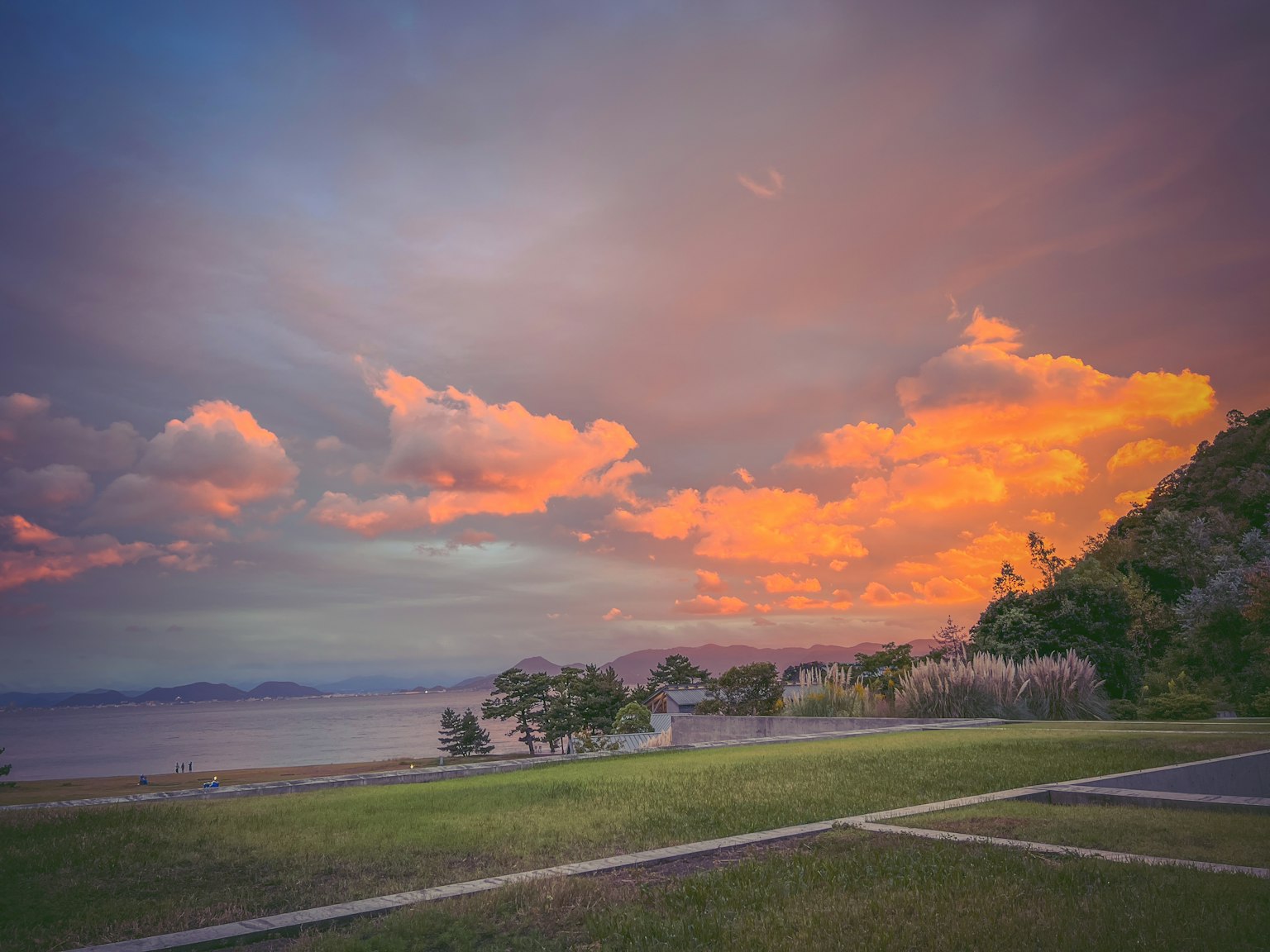 Hermoso cielo al atardecer sobre el mar con hierba verde y nubes coloridas