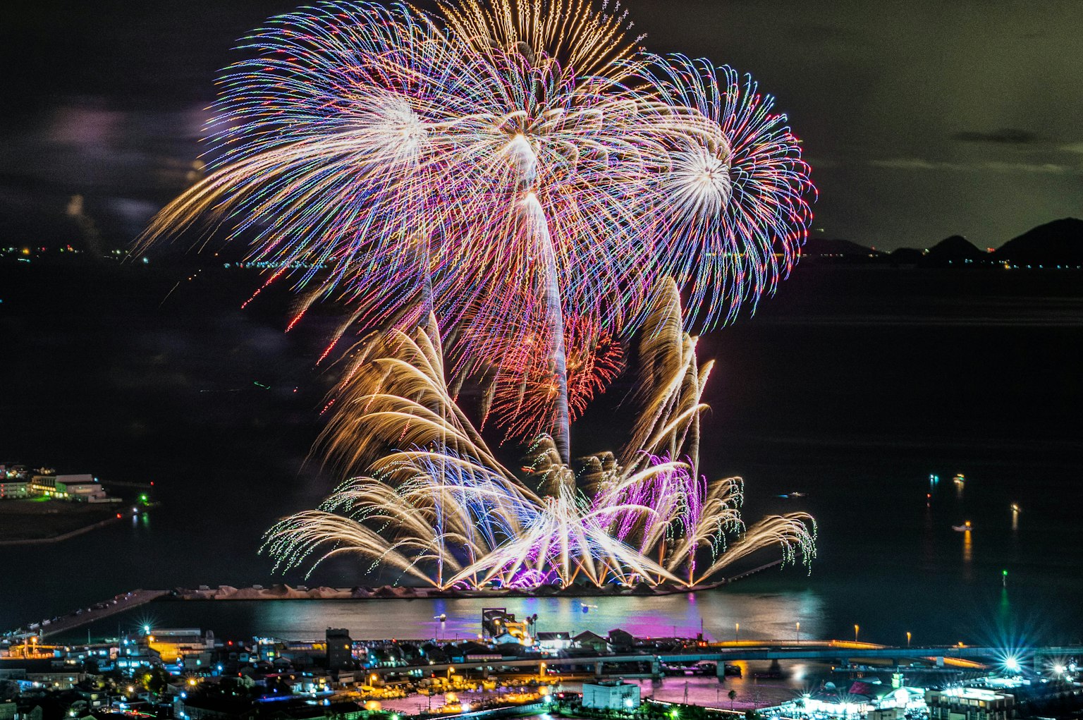 五彩繽紛的煙火在夜空中綻放，創造出令人驚嘆的燈光秀