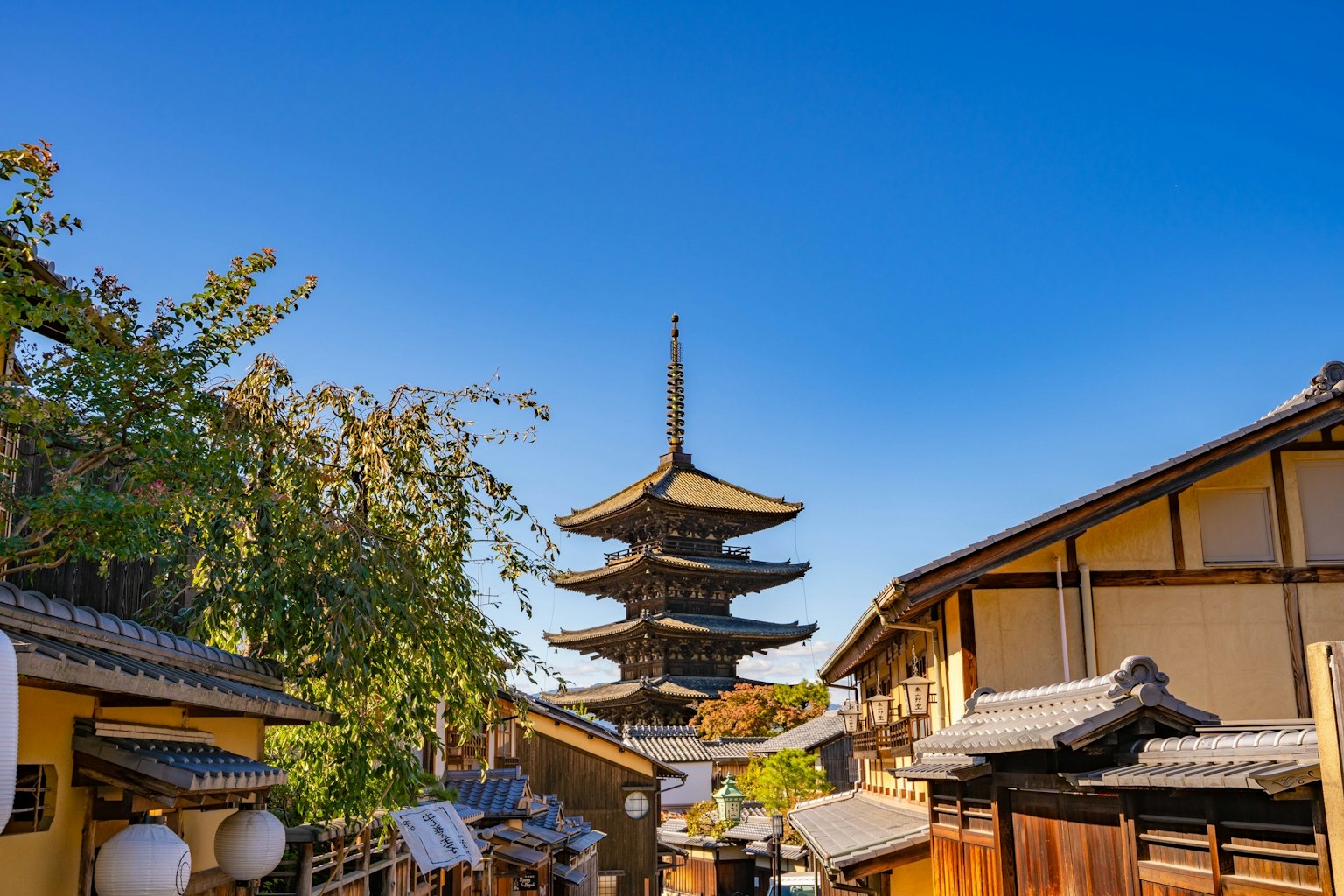 Traditional Japanese street scene with a five-story pagoda under a blue sky
