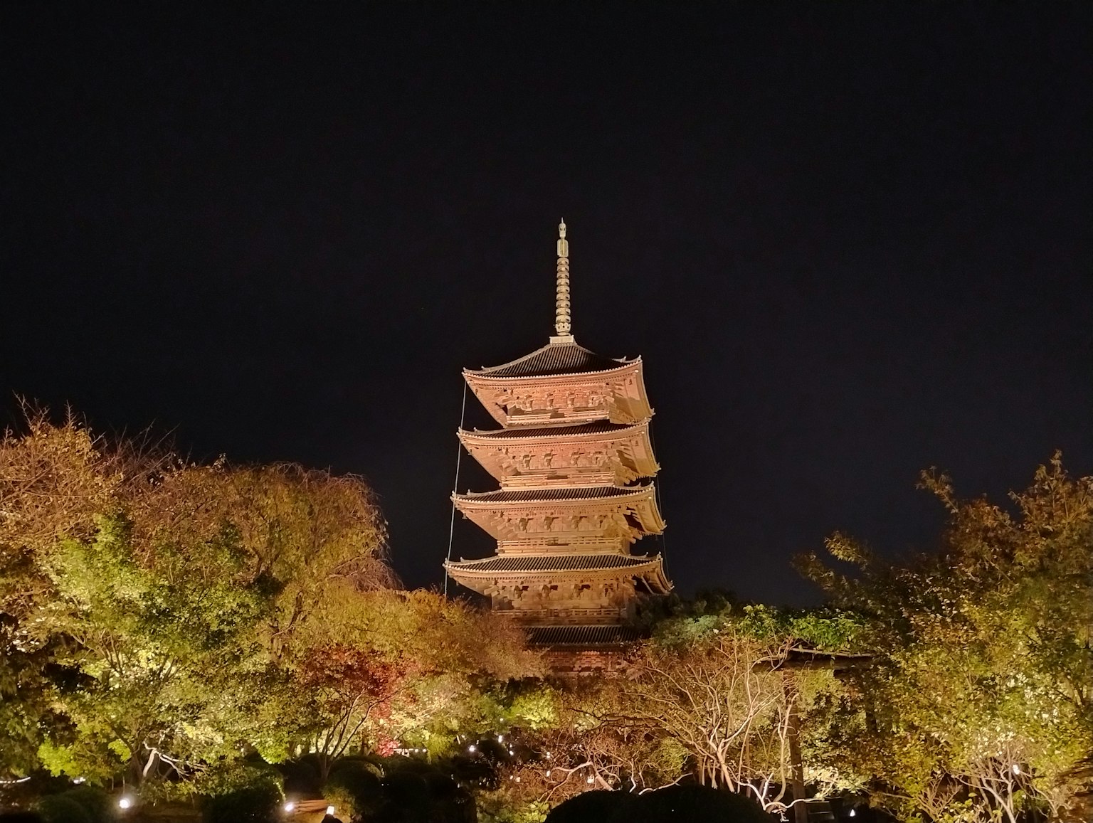 Pagode bei Nacht beleuchtet umgeben von Bäumen