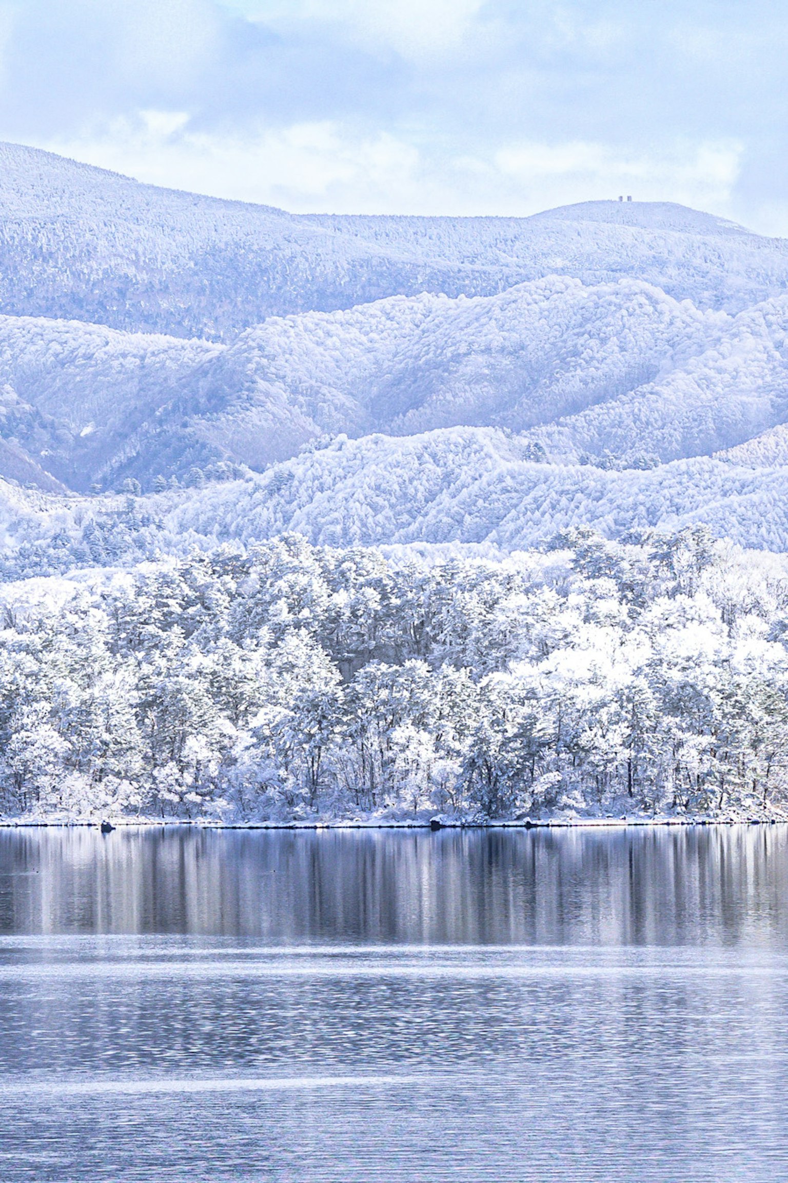 Snow-covered mountains and lake scenery