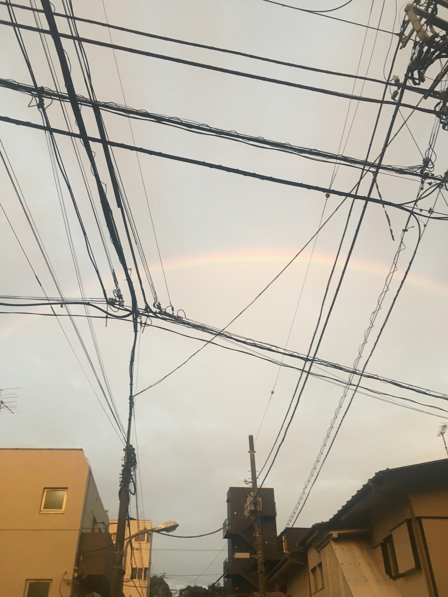 Arc-en-ciel dans le ciel avec des lignes électriques croisées