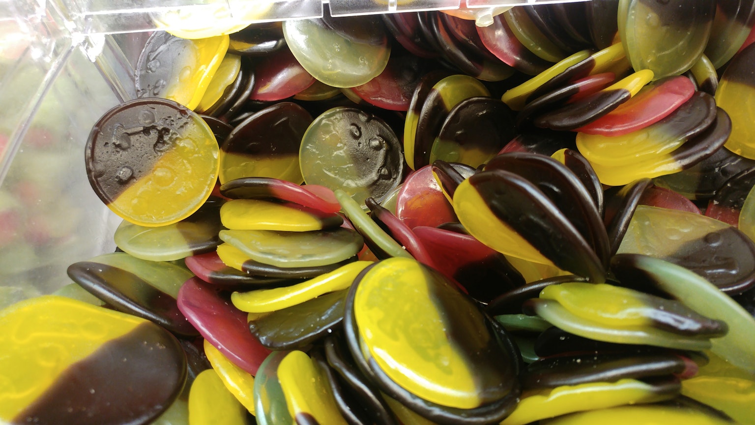 Colorful assortment of circular buttons in green yellow and red