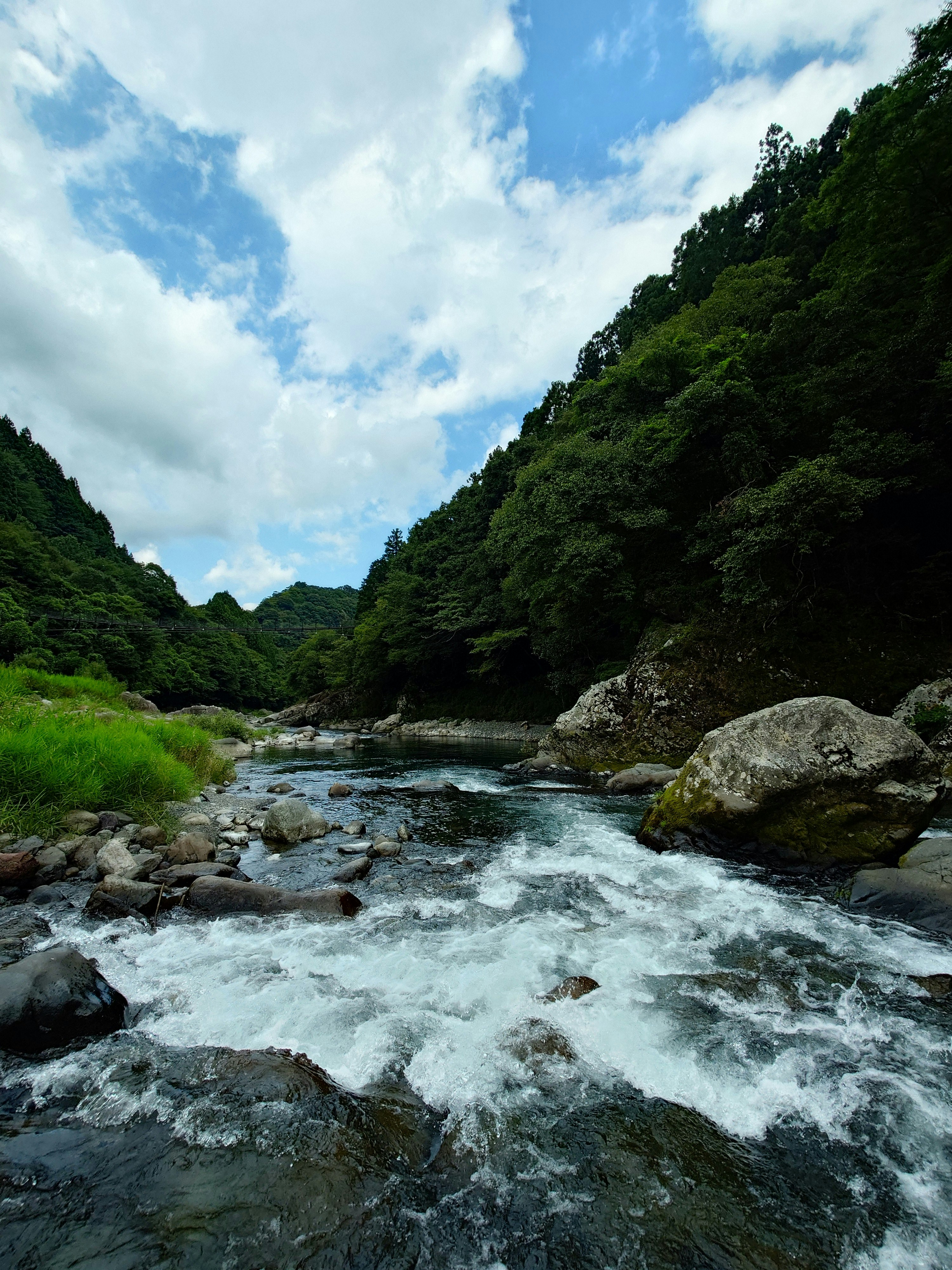 Dynamic nature landscape of a mountain stream and lush green hills