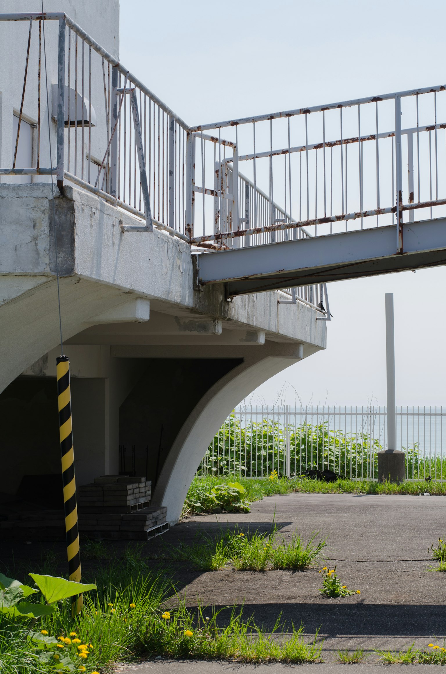 Struttura del ponte che collega un vecchio edificio con vegetazione sottostante