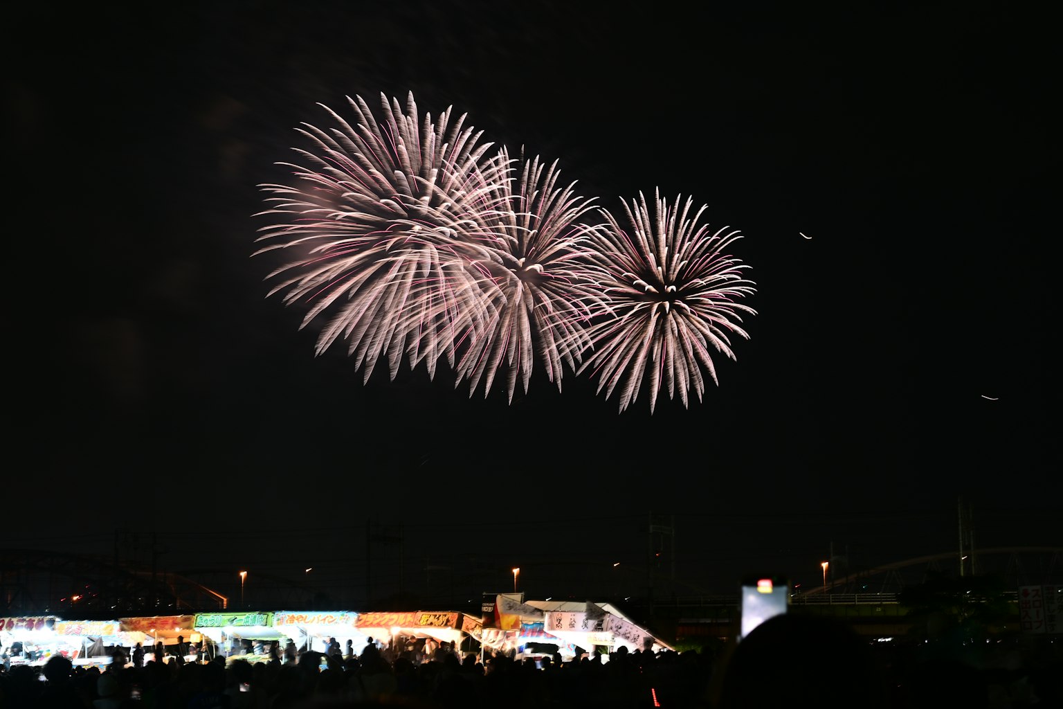 Espectáculo de fuegos artificiales en el cielo nocturno con siluetas de espectadores