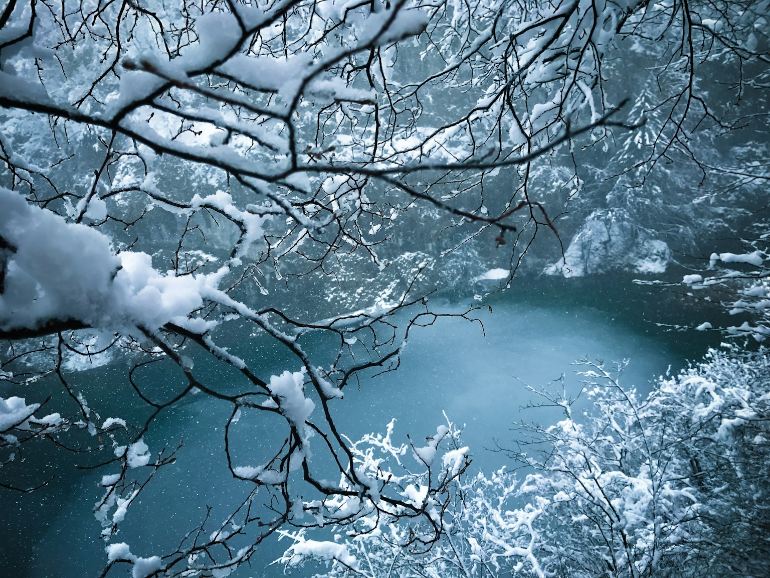 Winter landscape with snow-covered trees and a blue water surface