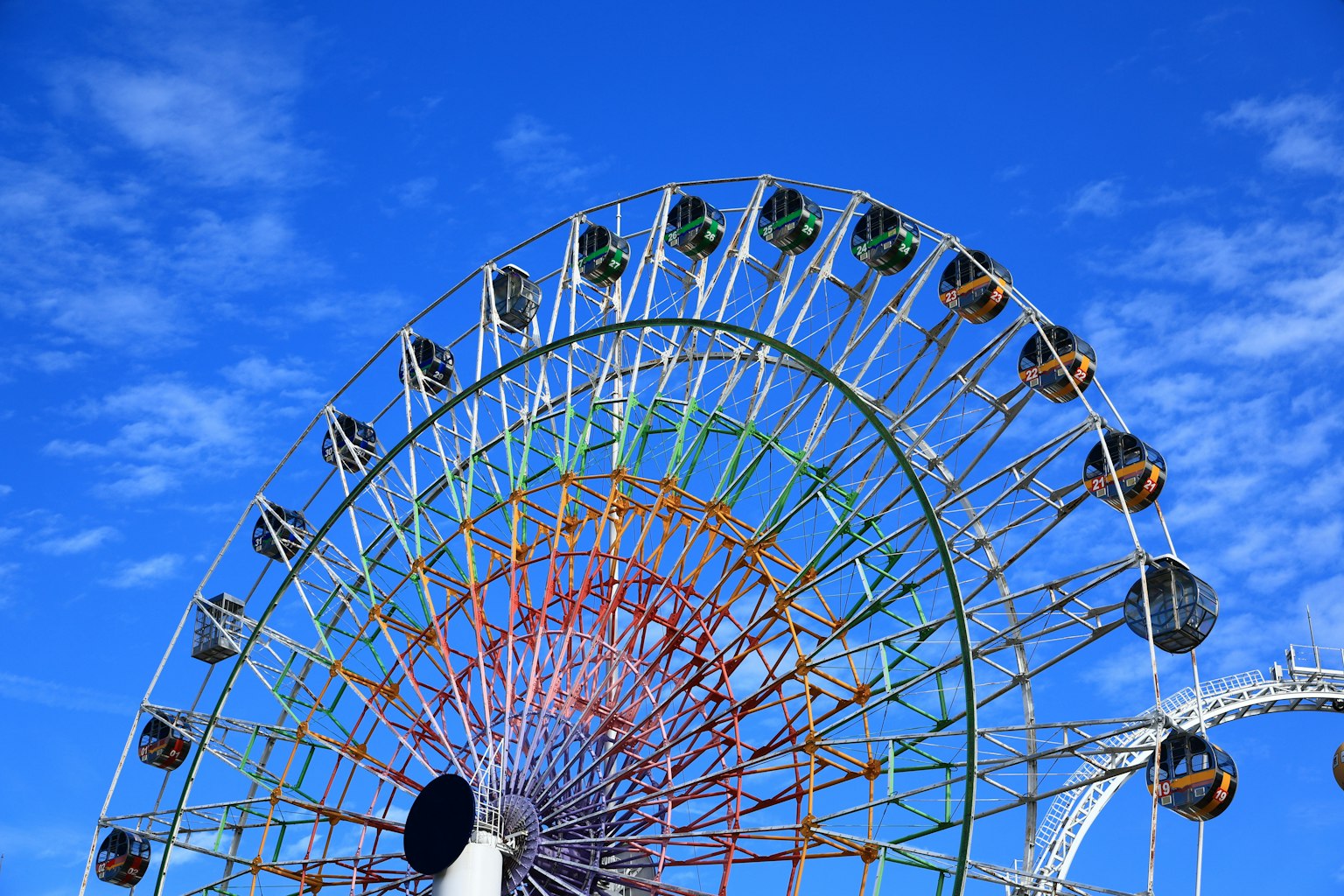 Primo piano di una grande ruota panoramica contro un cielo azzurro brillante