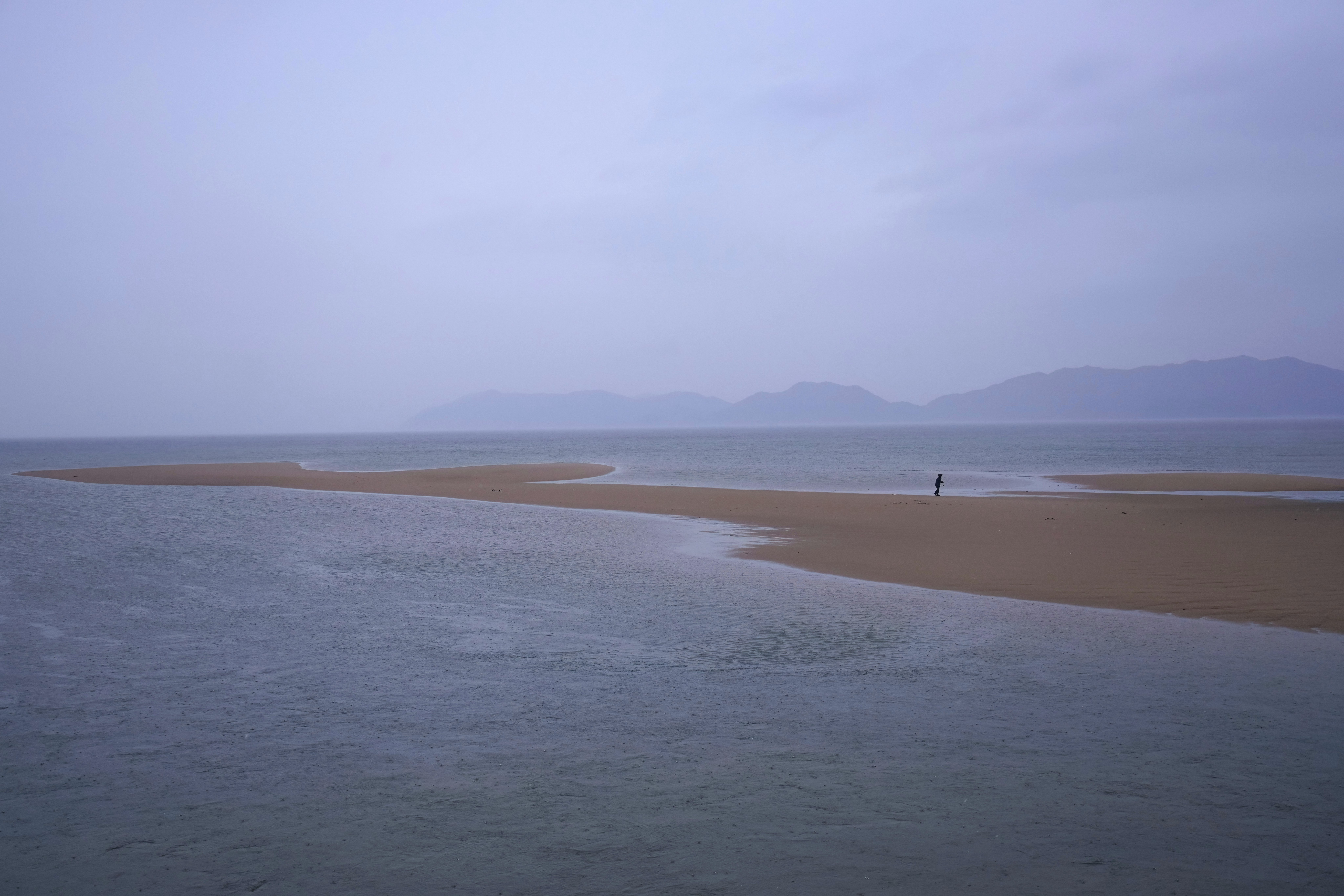 霧のかかった海岸の広がる砂浜と波