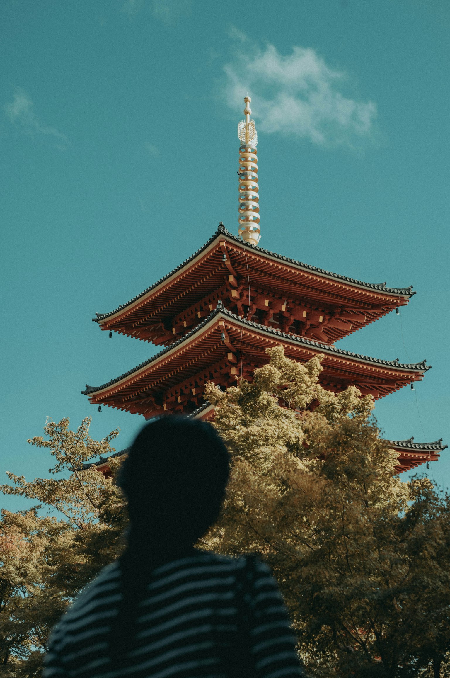 Una mujer mirando una pagoda de cinco pisos bajo un cielo azul