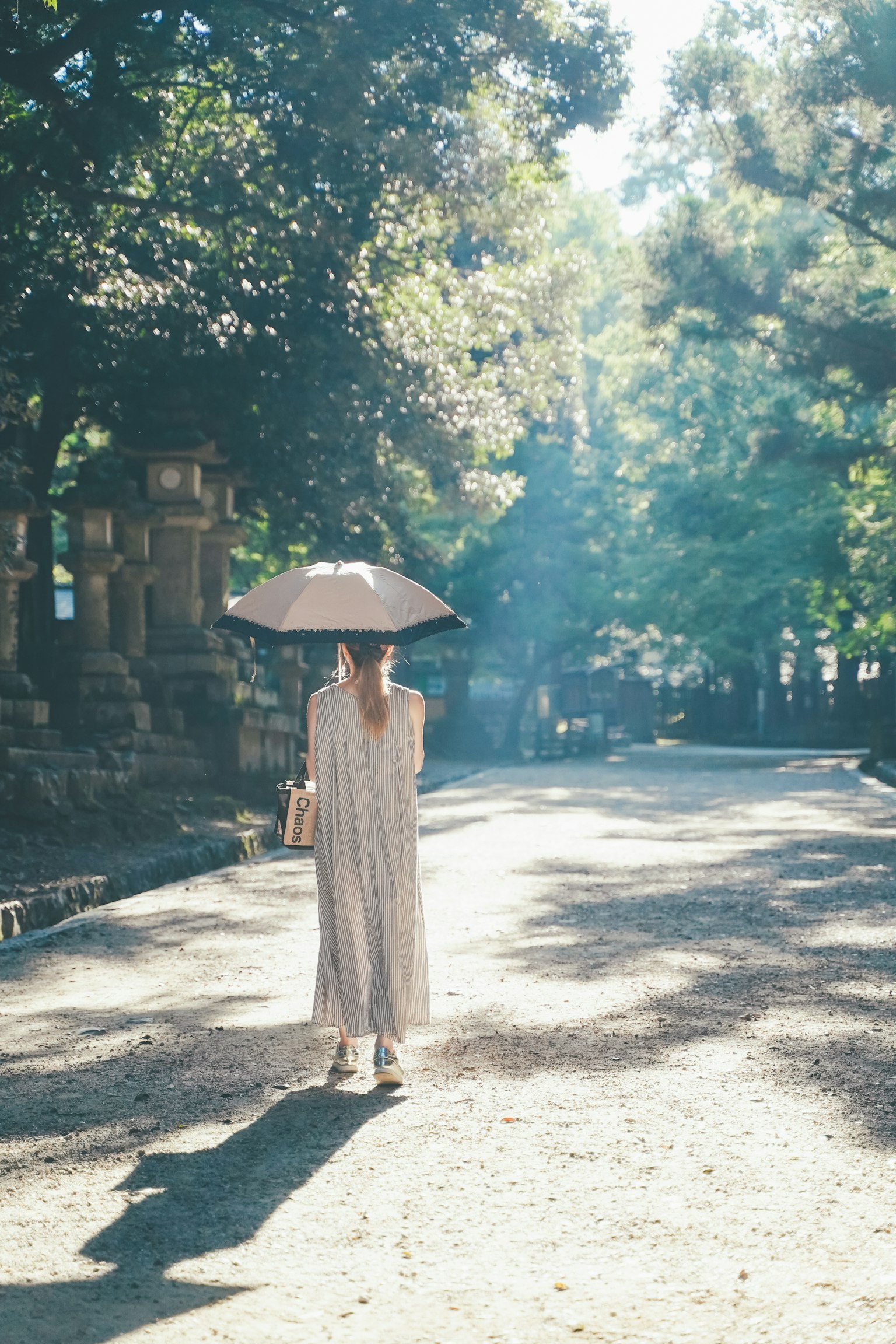 一位女性在宁静的公园小路上走，手持阳伞