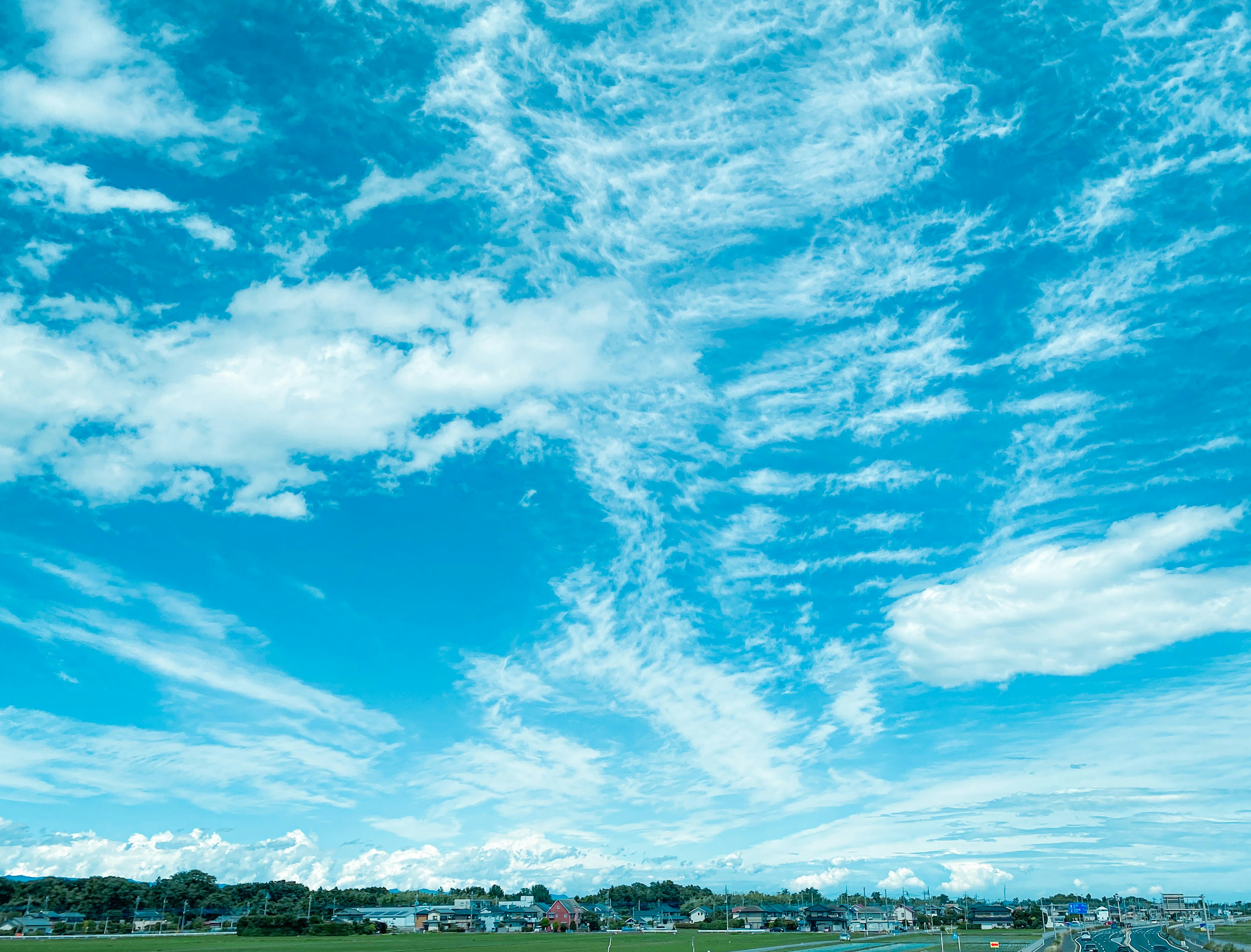 広い草地と遠景の街並みを見渡す青空の風景