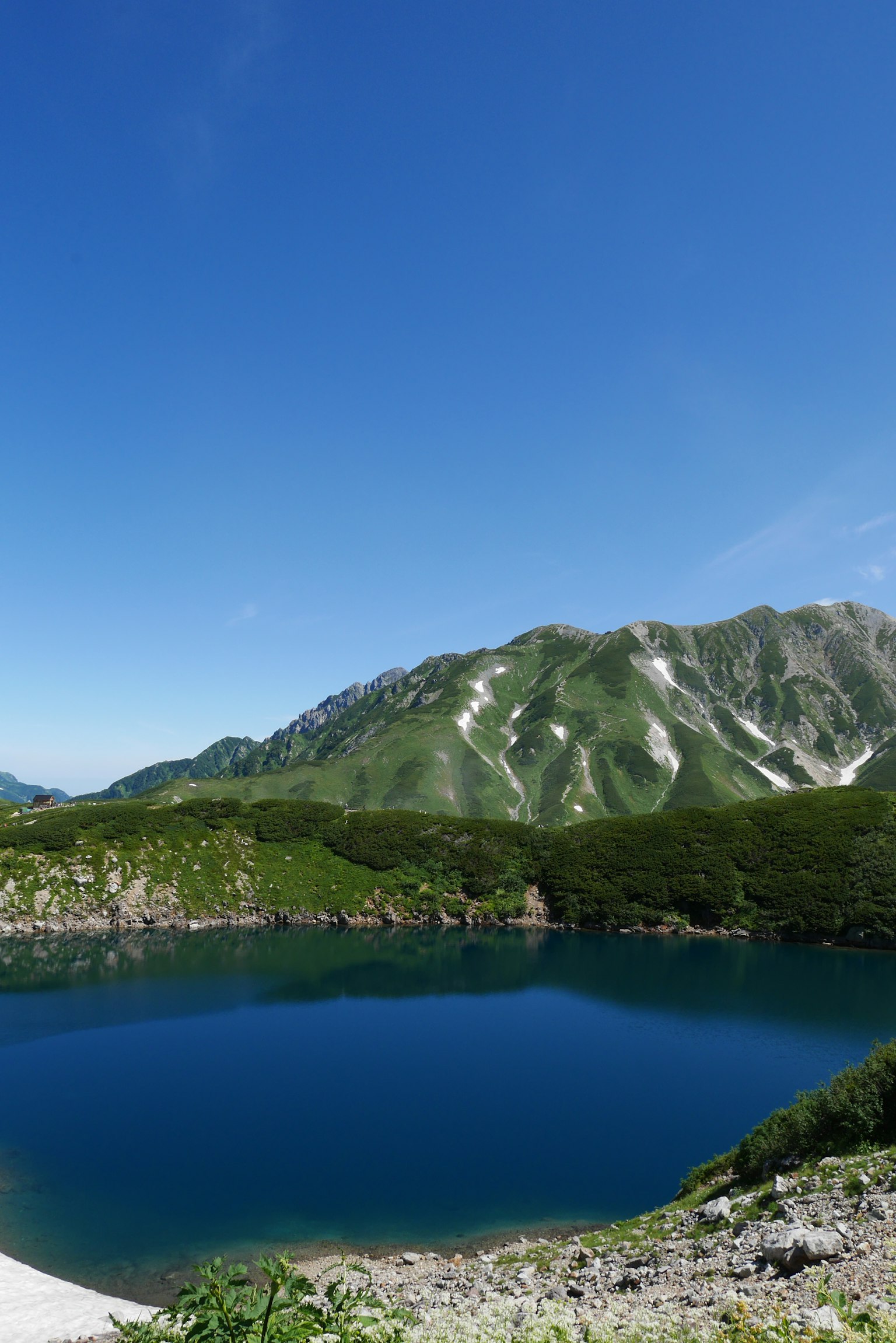 วันที่ชัดเจนแสดงให้เห็นทะเลสาบสีน้ำเงินที่มีภูเขาสีเขียวล้อมรอบ