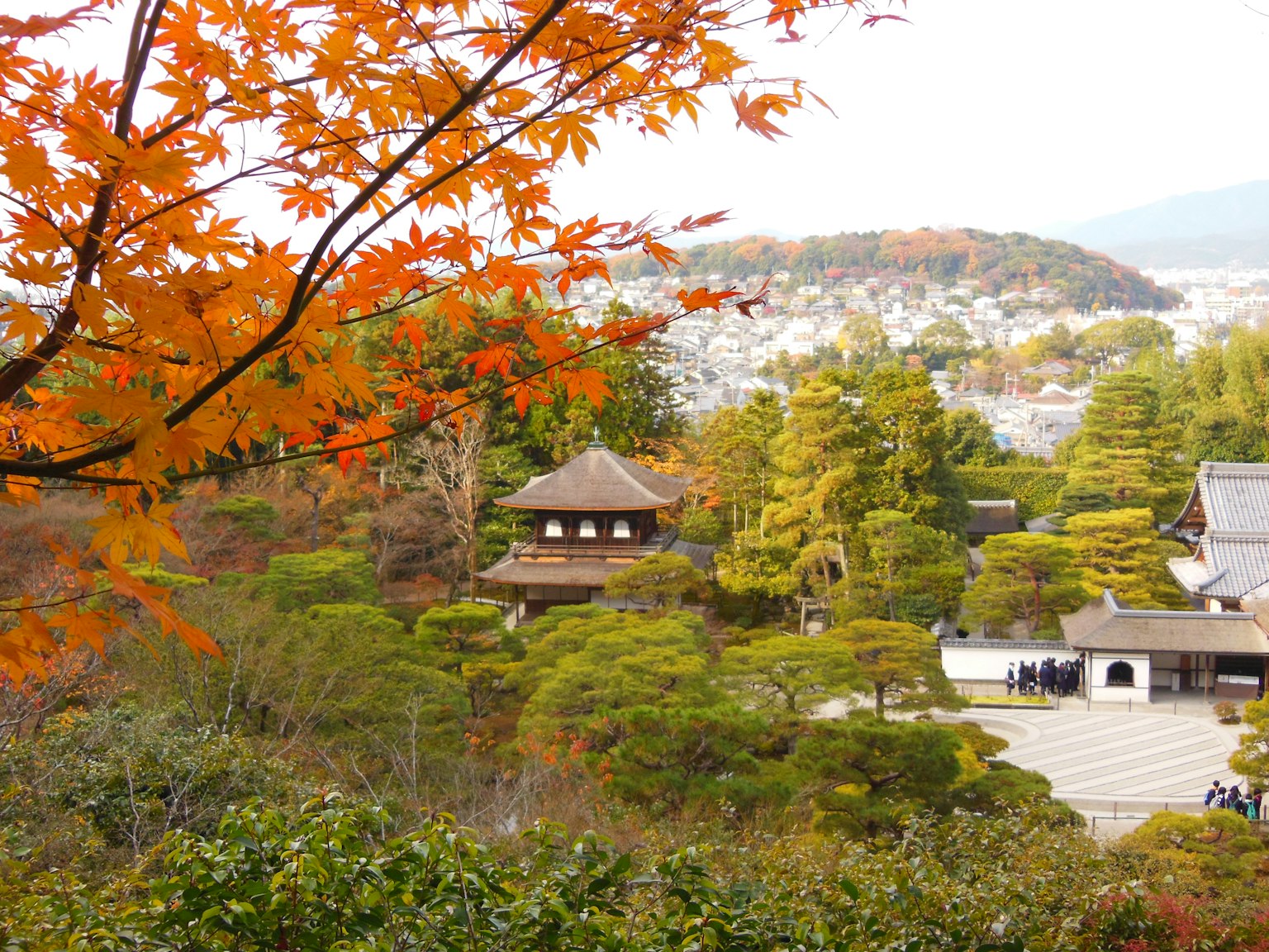 Templo Ginkakuji rodeado de follaje otoñal y vistas escénicas