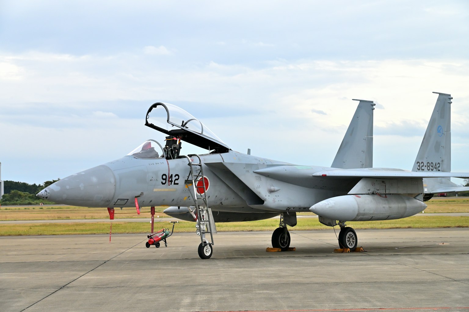 Un avion de chasse stationné sur la piste avec un corps gris et des marques des Forces d'autodéfense aérienne japonaises