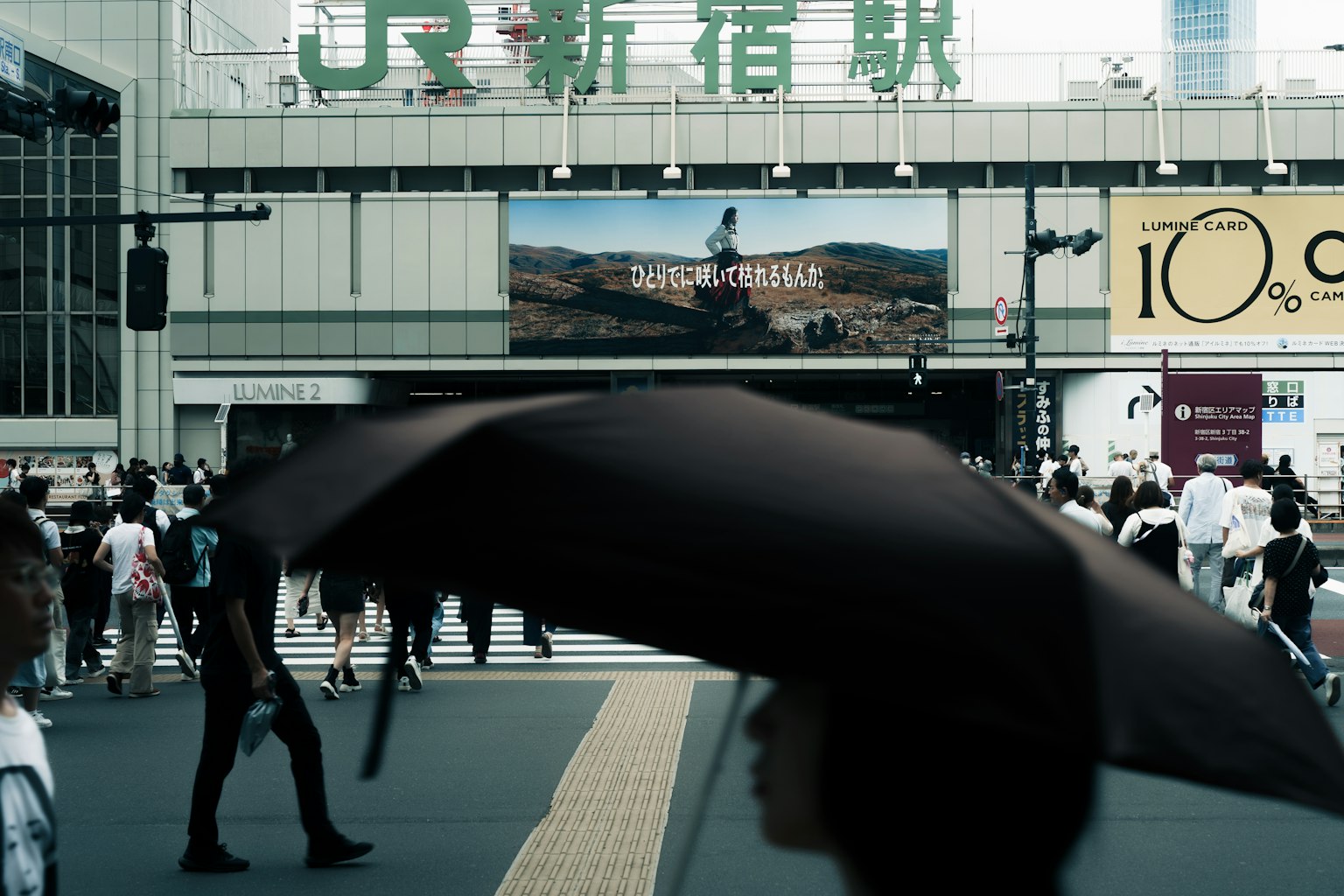 Đám đông tại ga Shinjuku với chiếc ô đen nổi bật