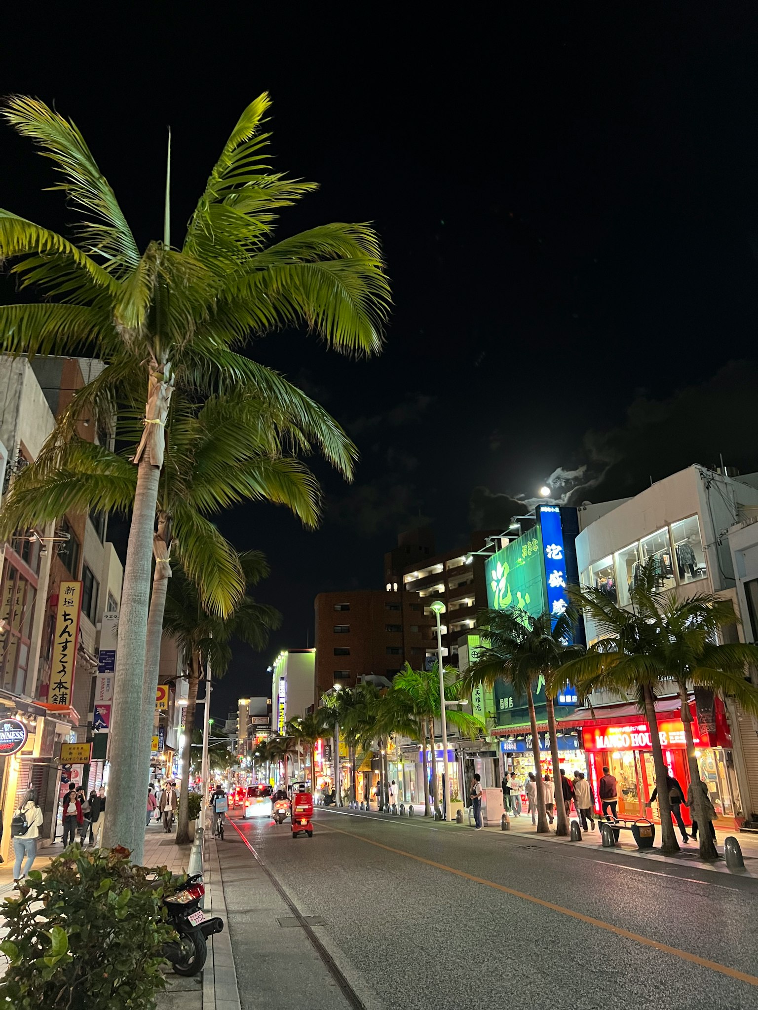 Pemandangan jalan malam dengan pohon palem di Okinawa