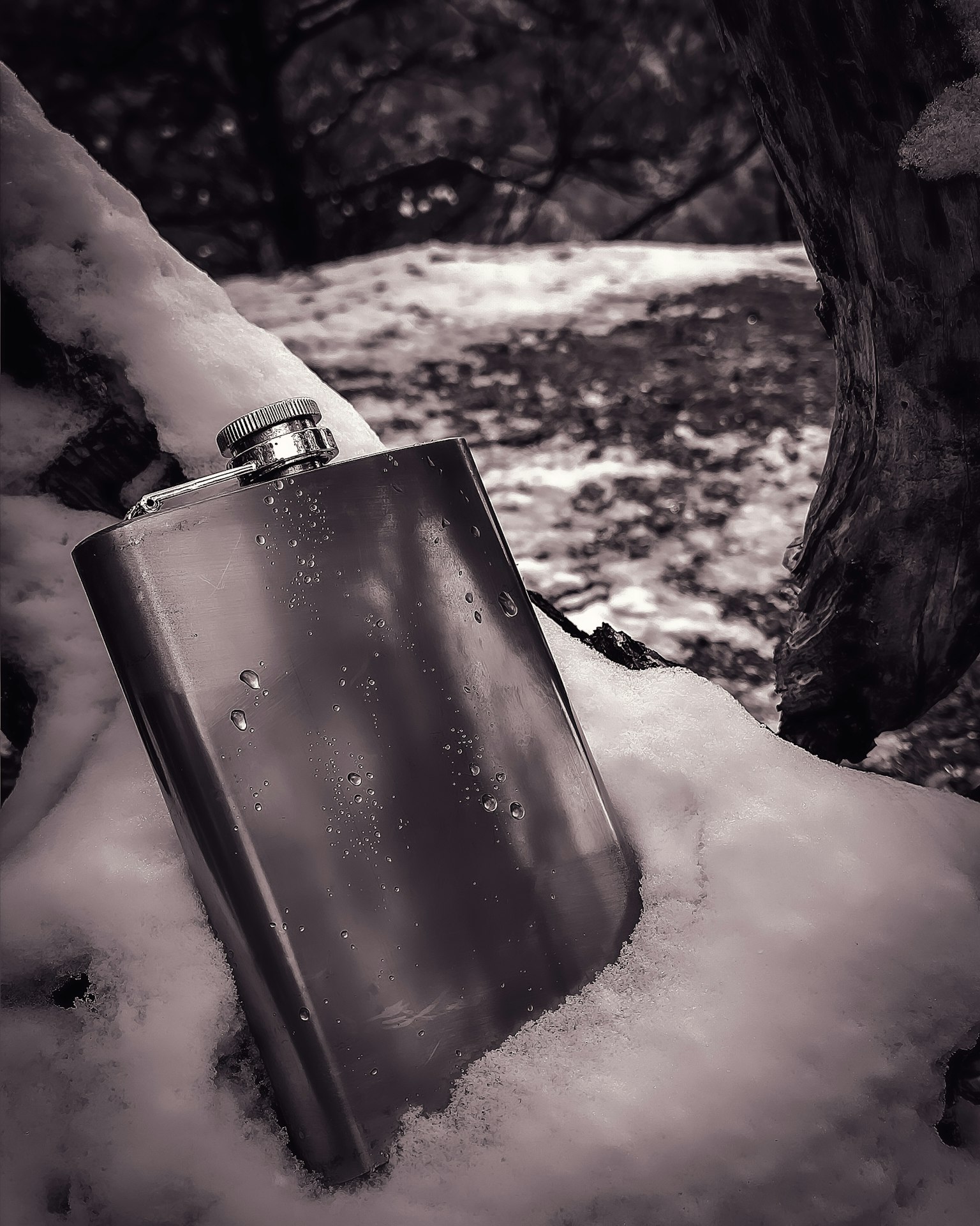 置于雪中的金属水壶