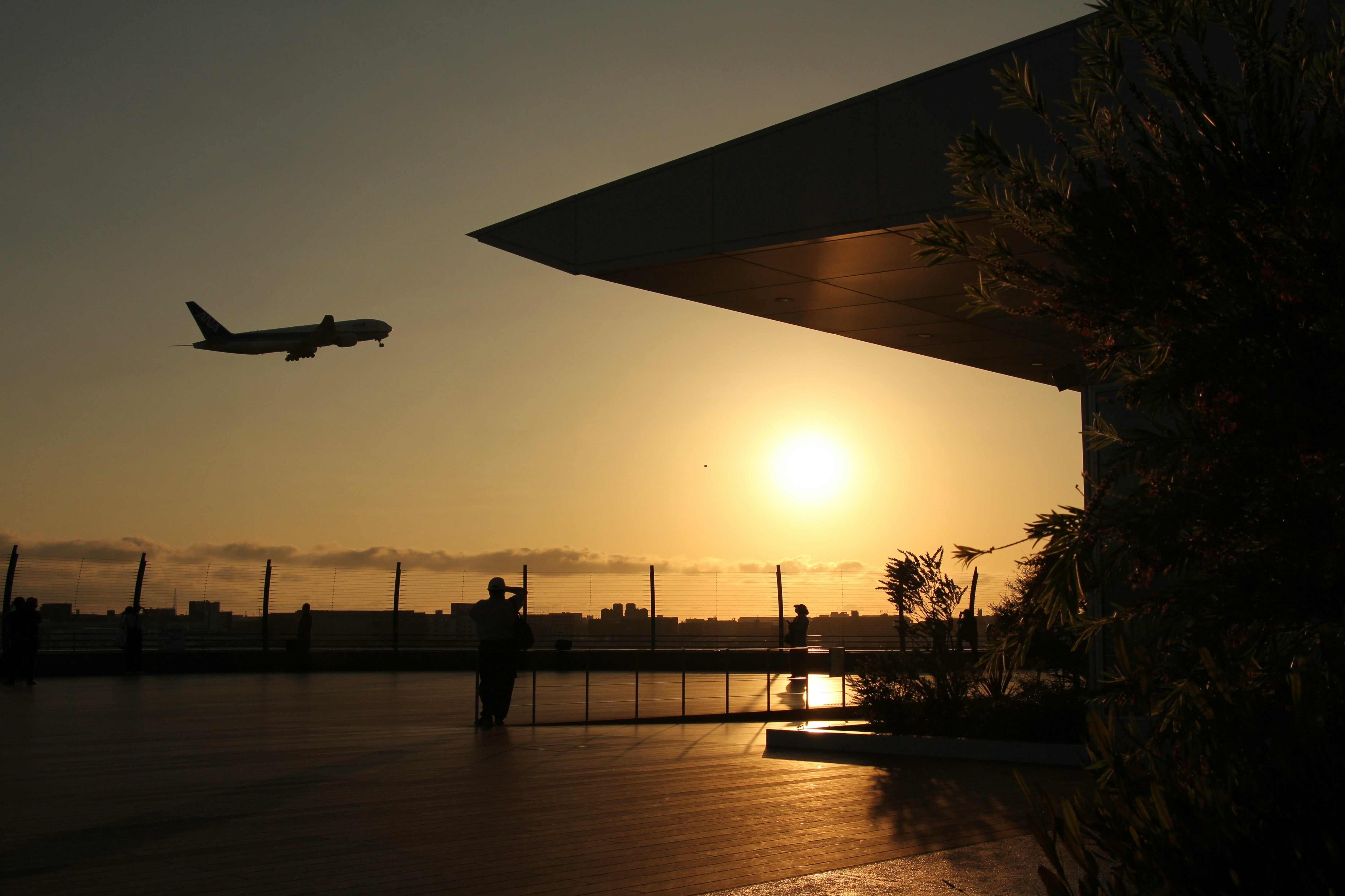 pista de aeropuerto al atardecer con avión y edificio
