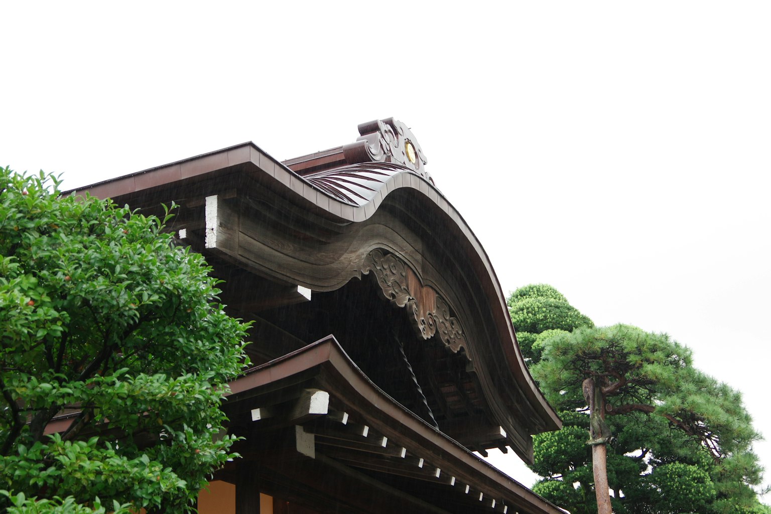 Atap bangunan Jepang tradisional dengan pepohonan