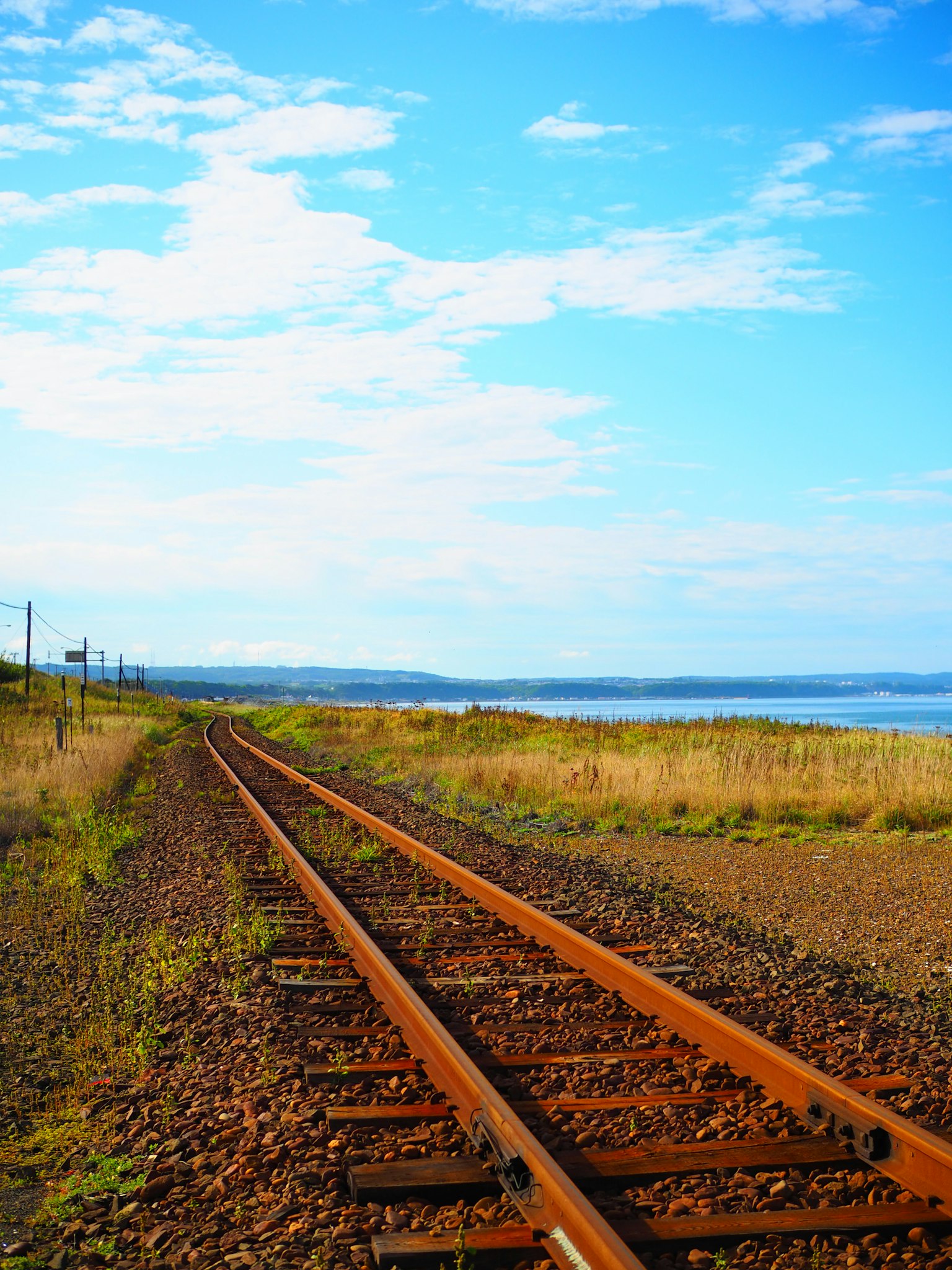 Scenic railway track curving through grasslands under a blue sky