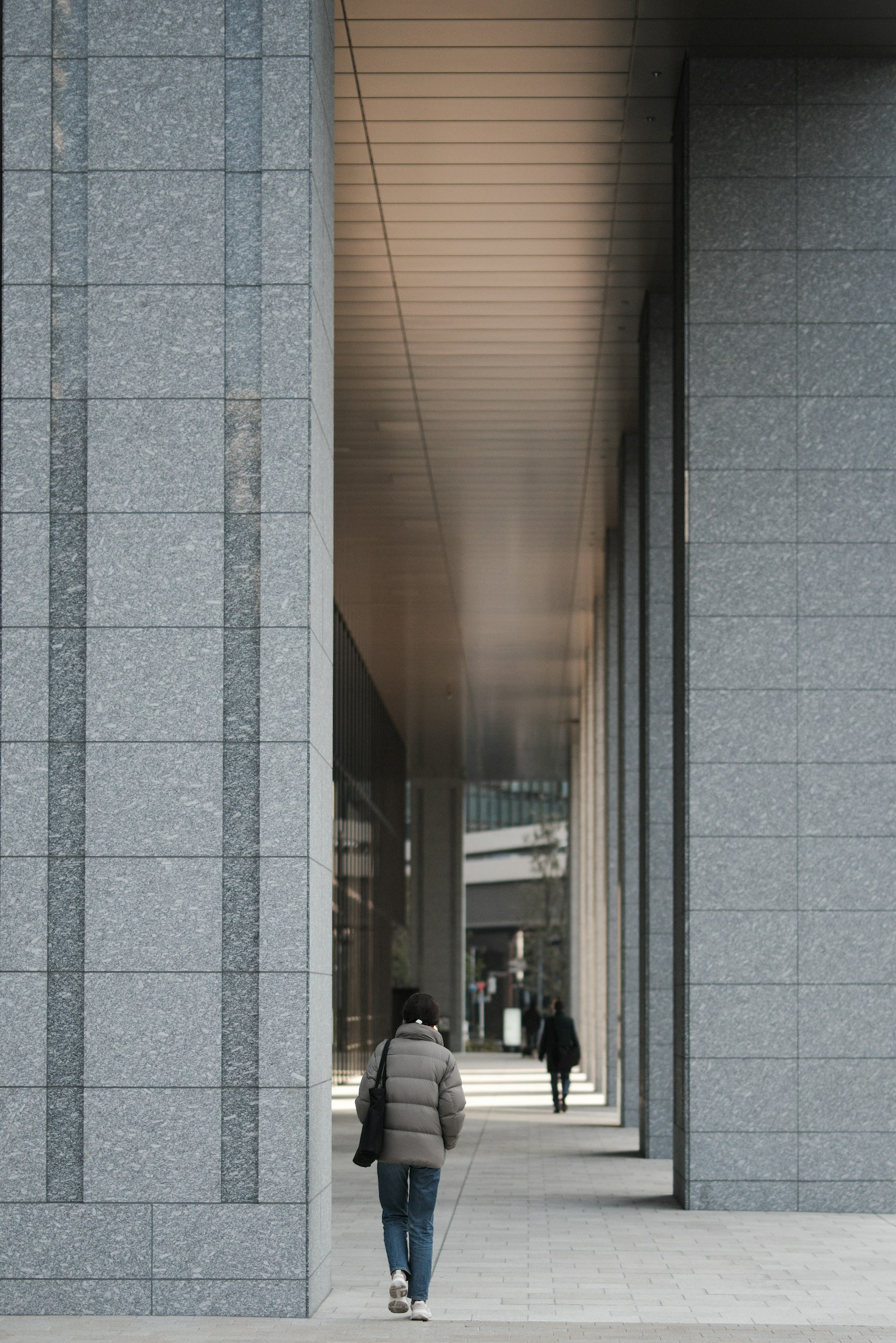 Silhouettes of people walking through a modern building arcade
