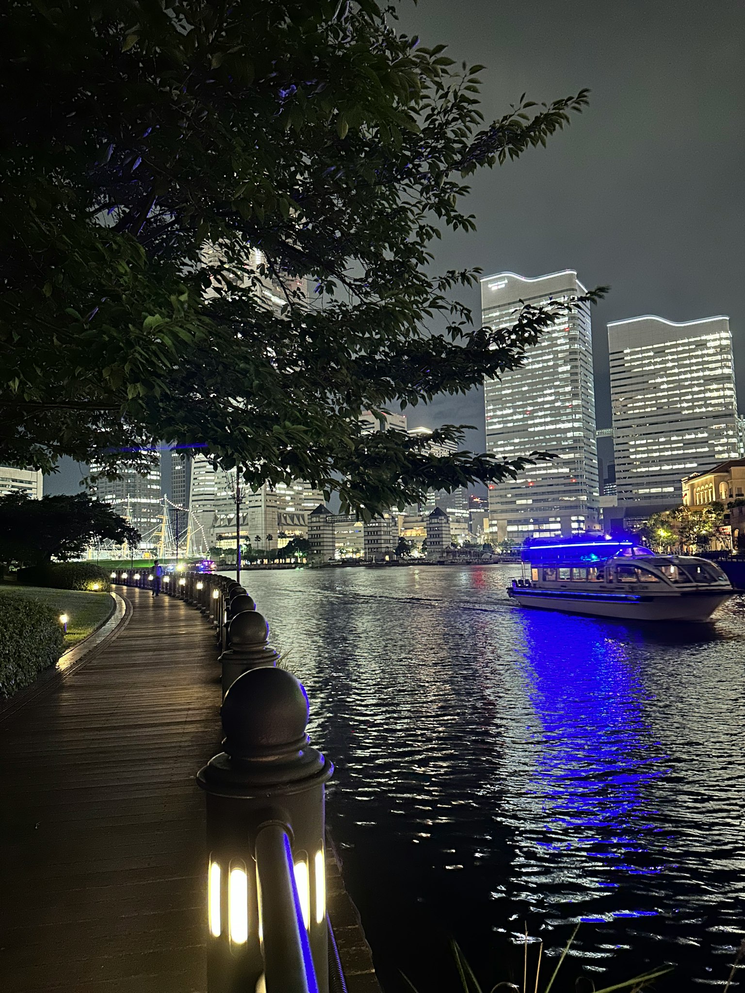 Vista notturna di un sentiero lungo il fiume con edifici moderni