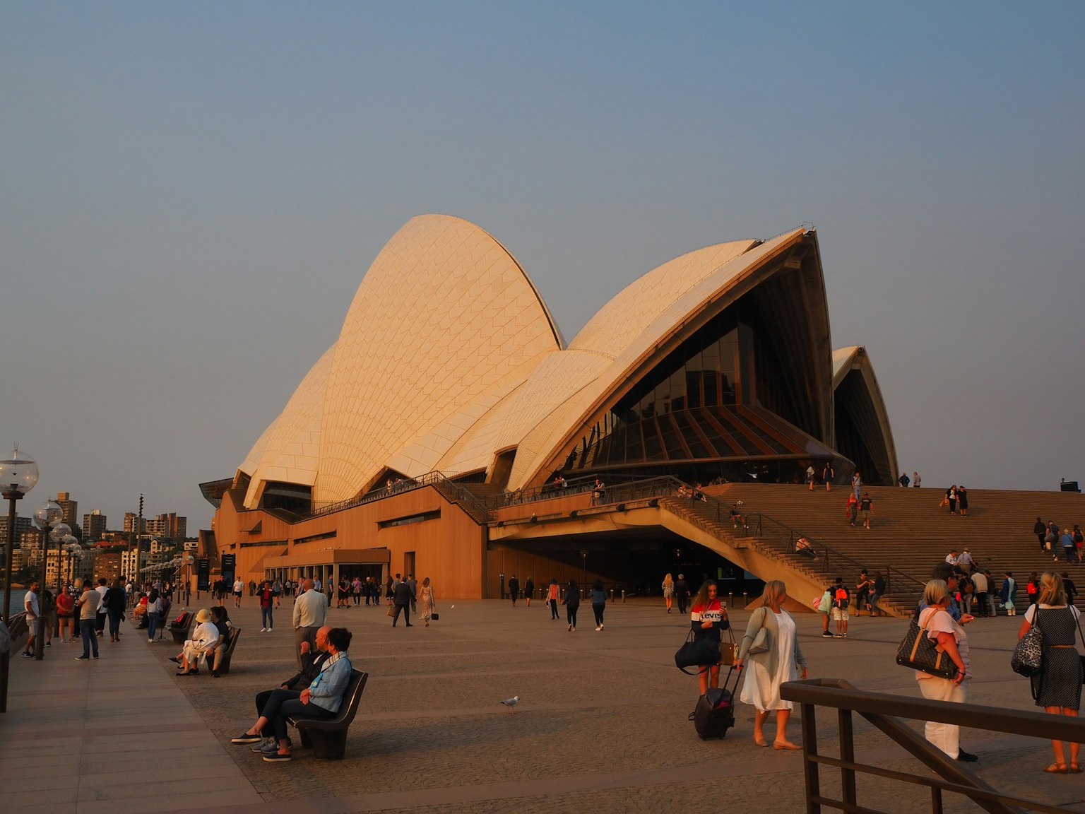 Gedung Opera Sydney dengan desain ikonik dan orang-orang di bawah cahaya malam