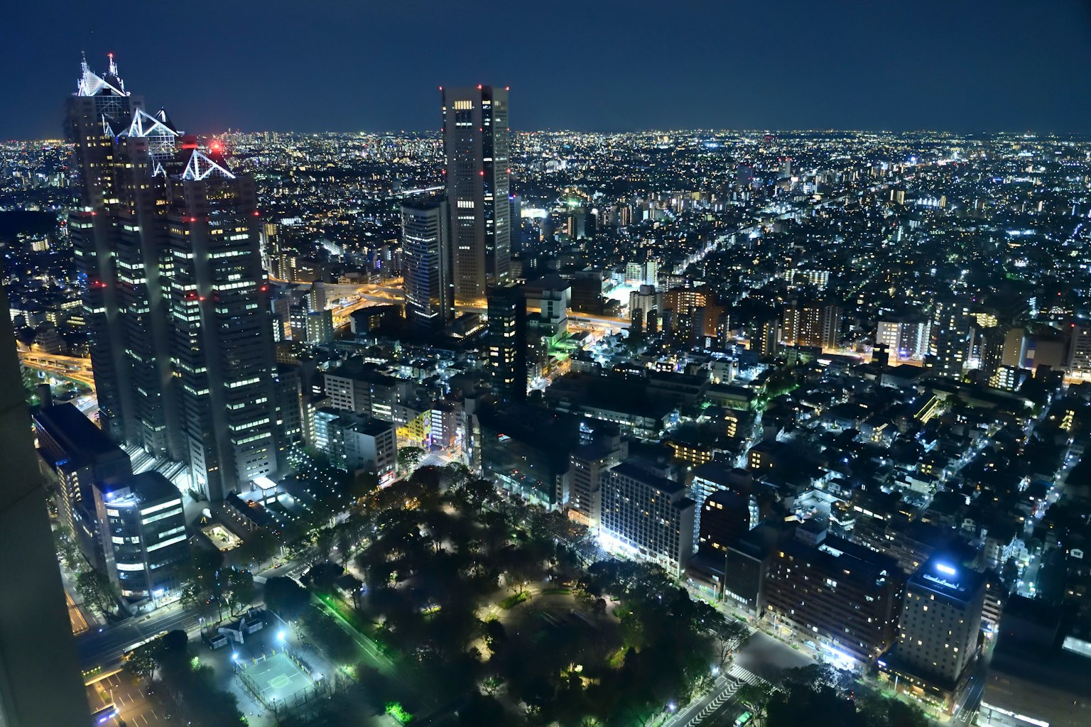 Tokyo cityscape at night skyscrapers bright streetlights green park