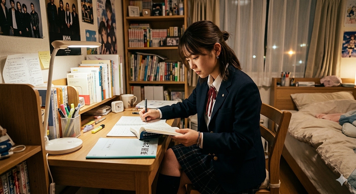自室で勉強する女性の机上の学習風景