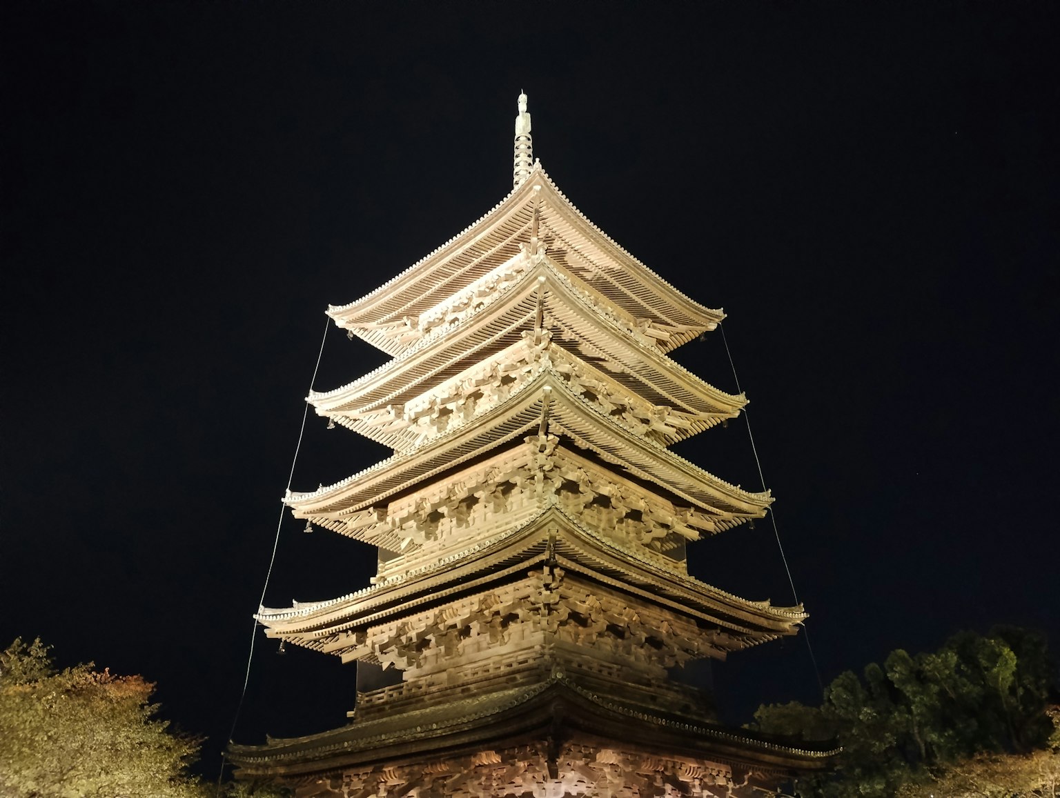 Detail of a pagoda illuminated at night