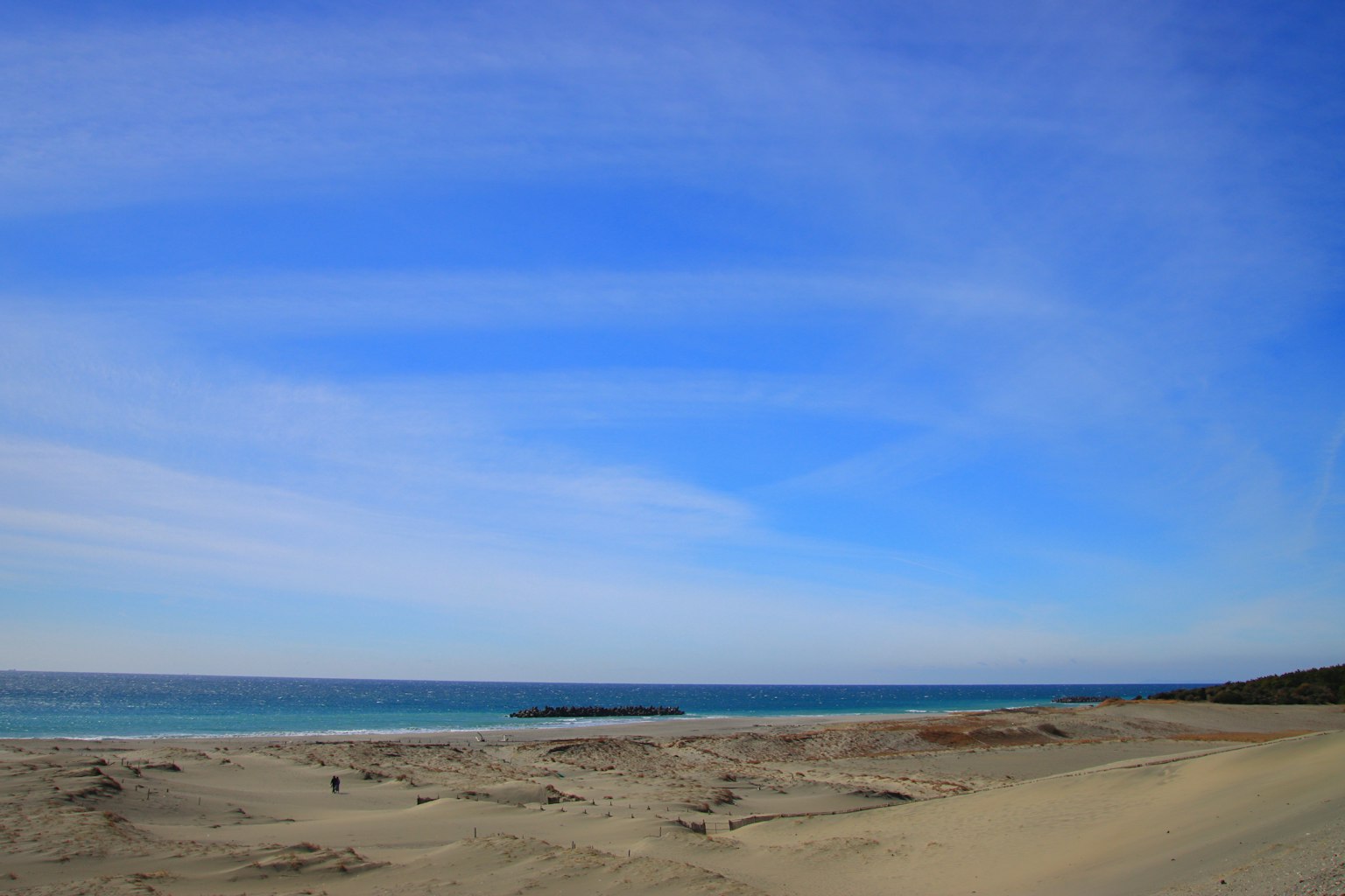 ทิวทัศน์ชายหาดทรายพร้อมท้องฟ้าสีฟ้าและมหาสมุทร