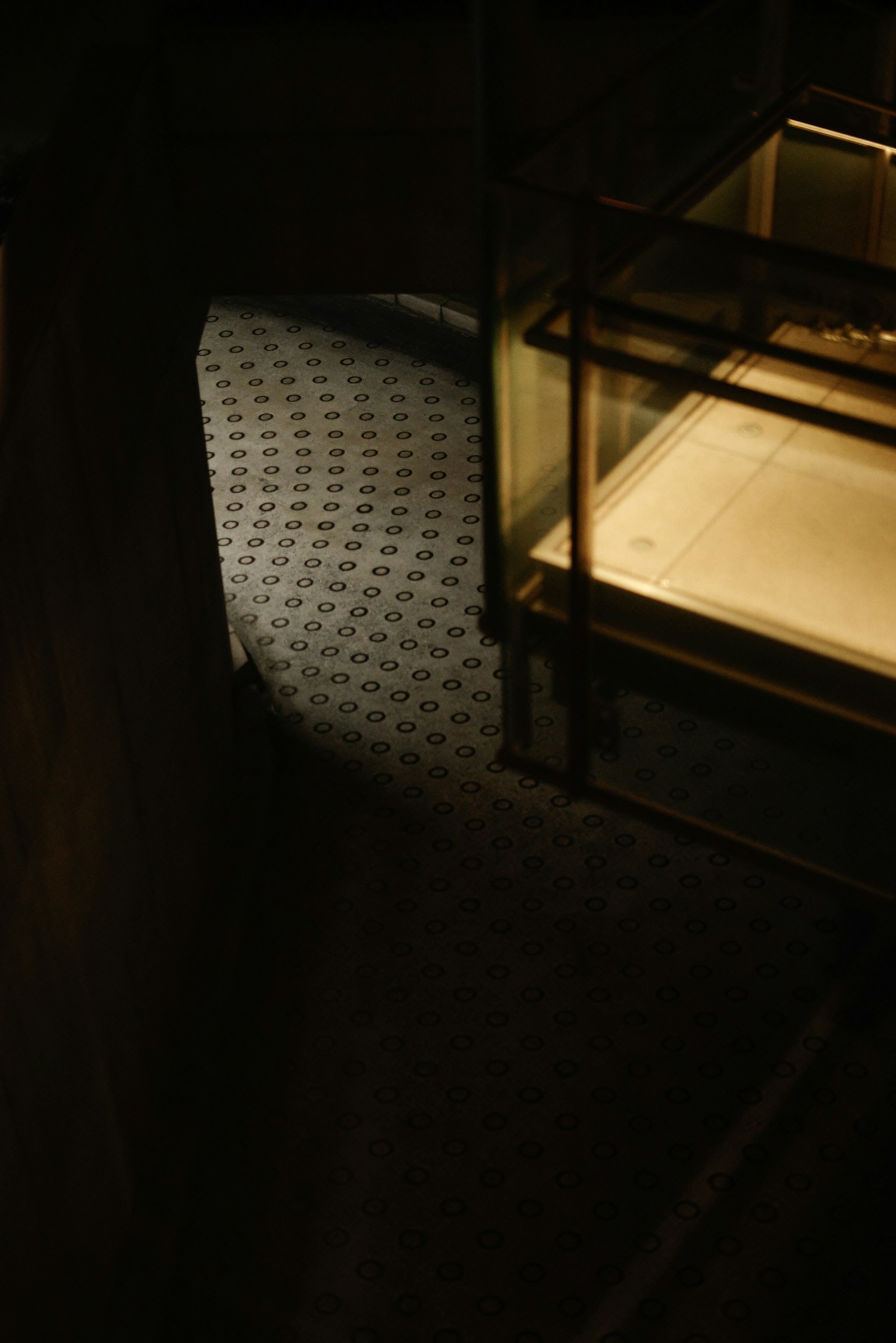 Chambre faiblement éclairée avec vitrine en verre et sol à motifs