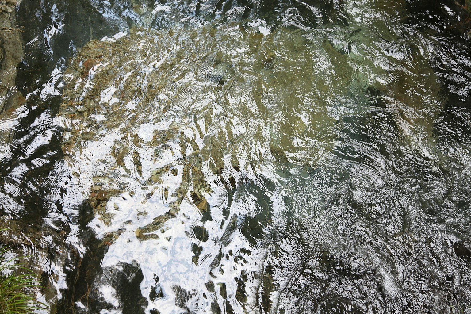 Rippling water surface reflecting light in a natural stream