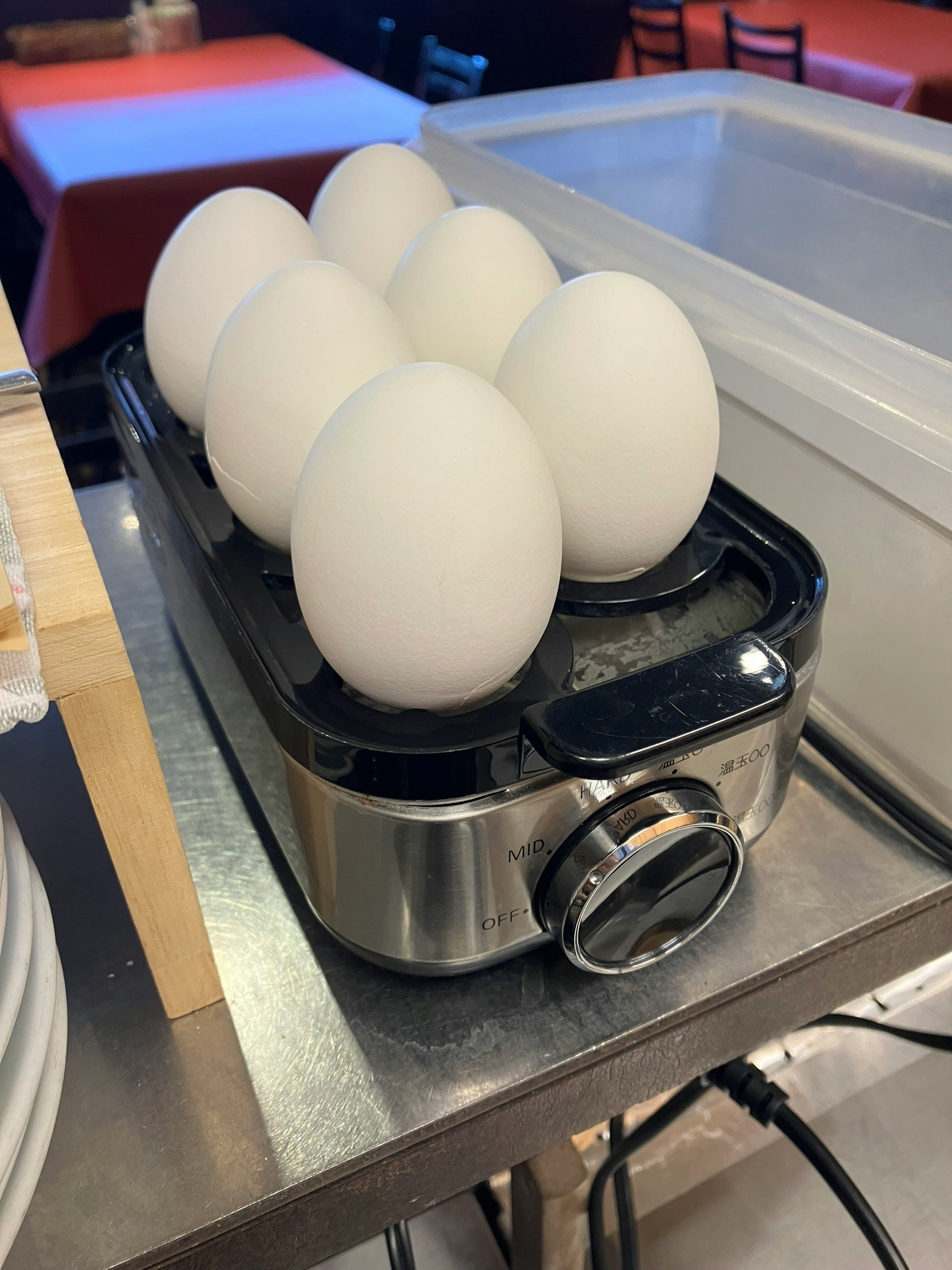 Seis huevos blancos colocados en un hervidor de huevos