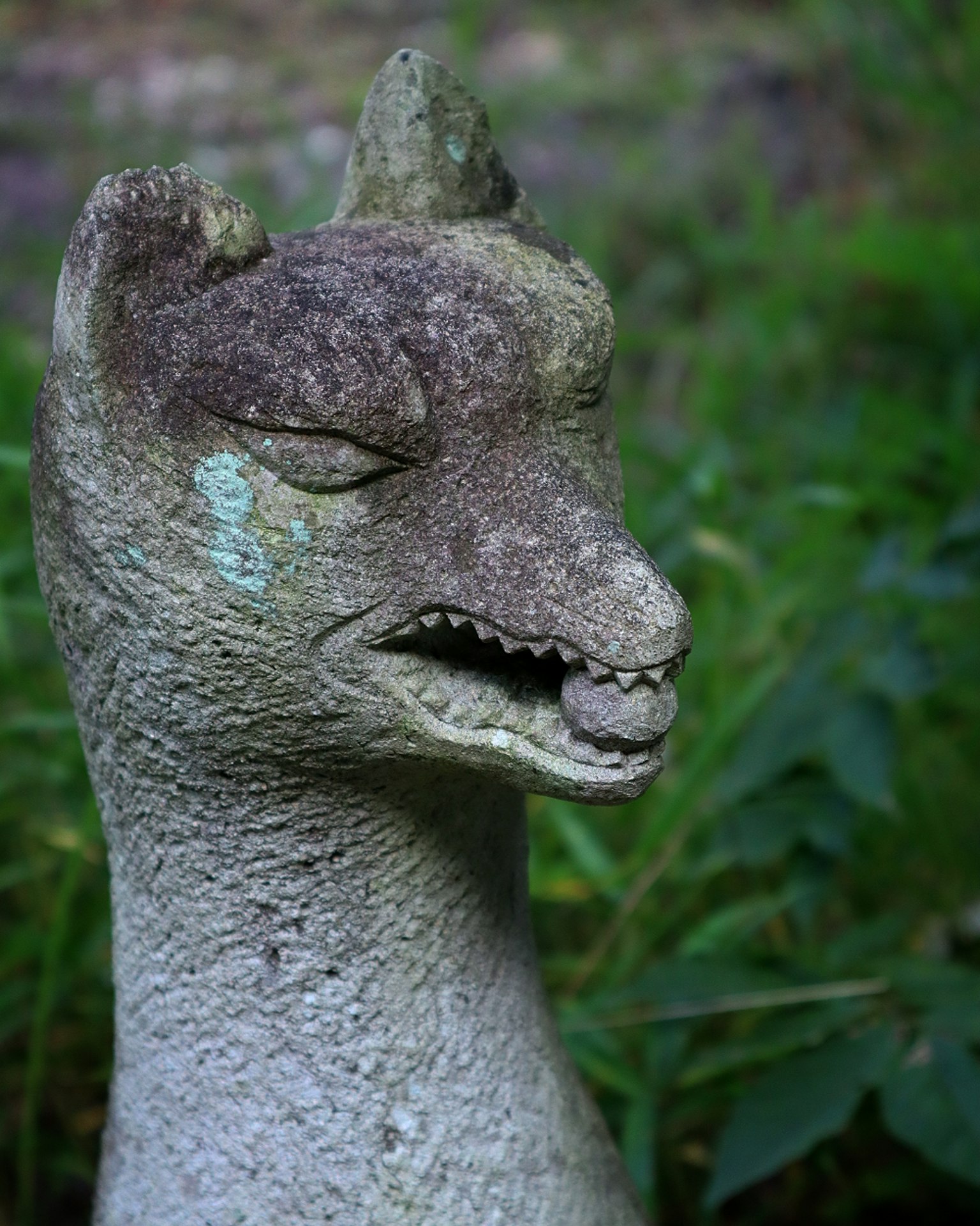 Ancient stone fox head statue surrounded by green grass