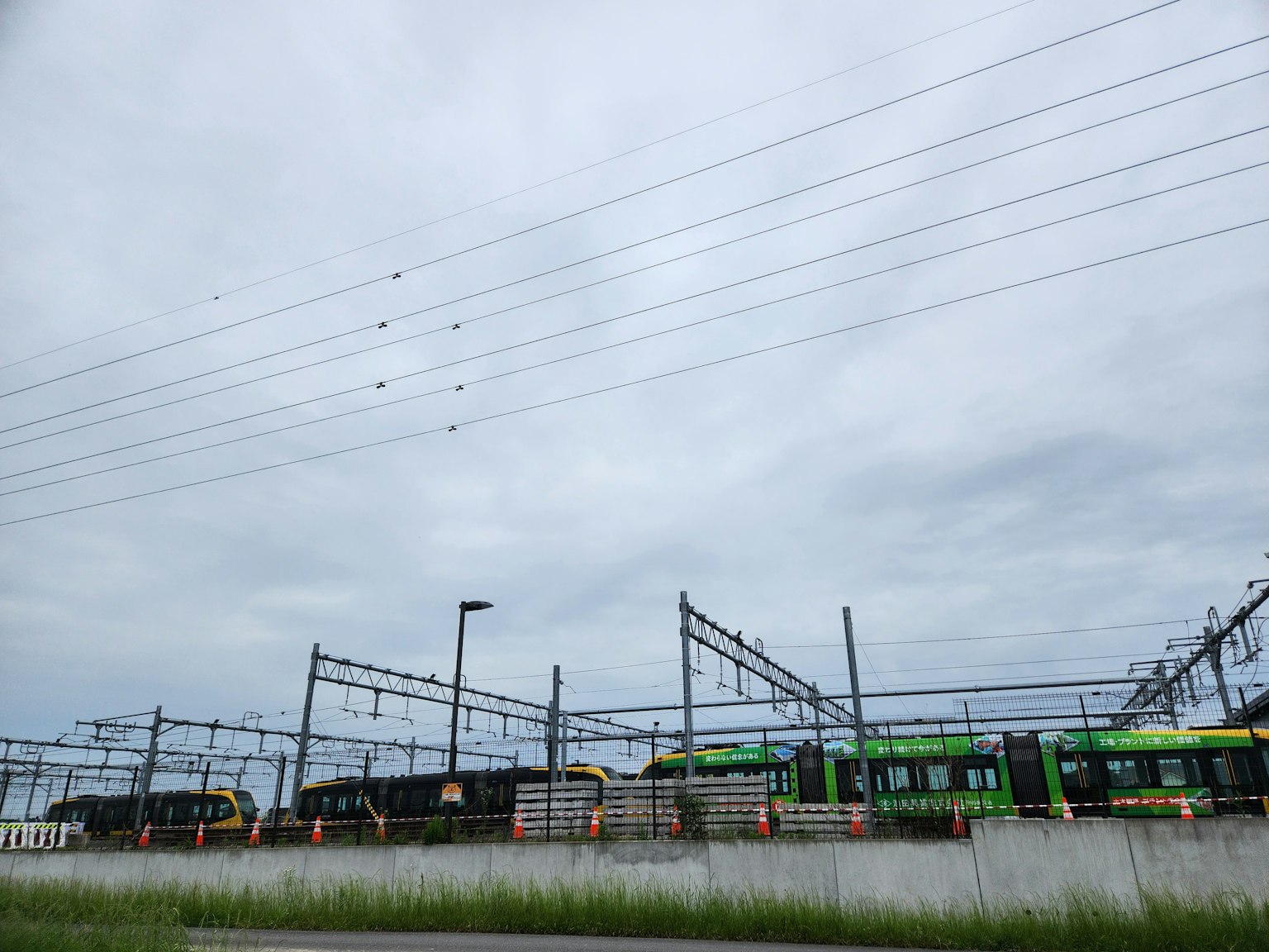Vías de tren con trenes verdes bajo un cielo nublado