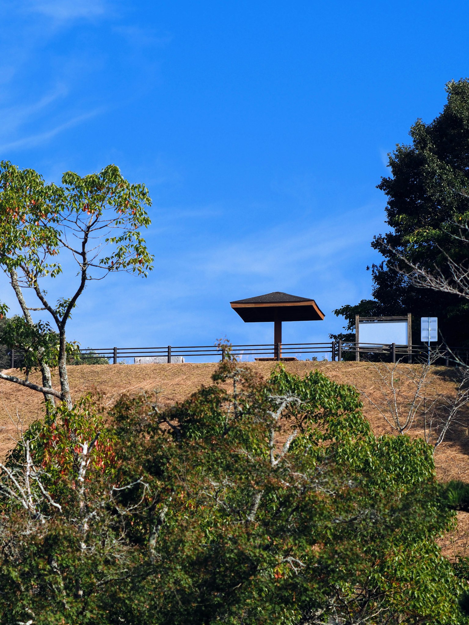 Vista panoramica con un gazebo sotto un cielo blu e alberi